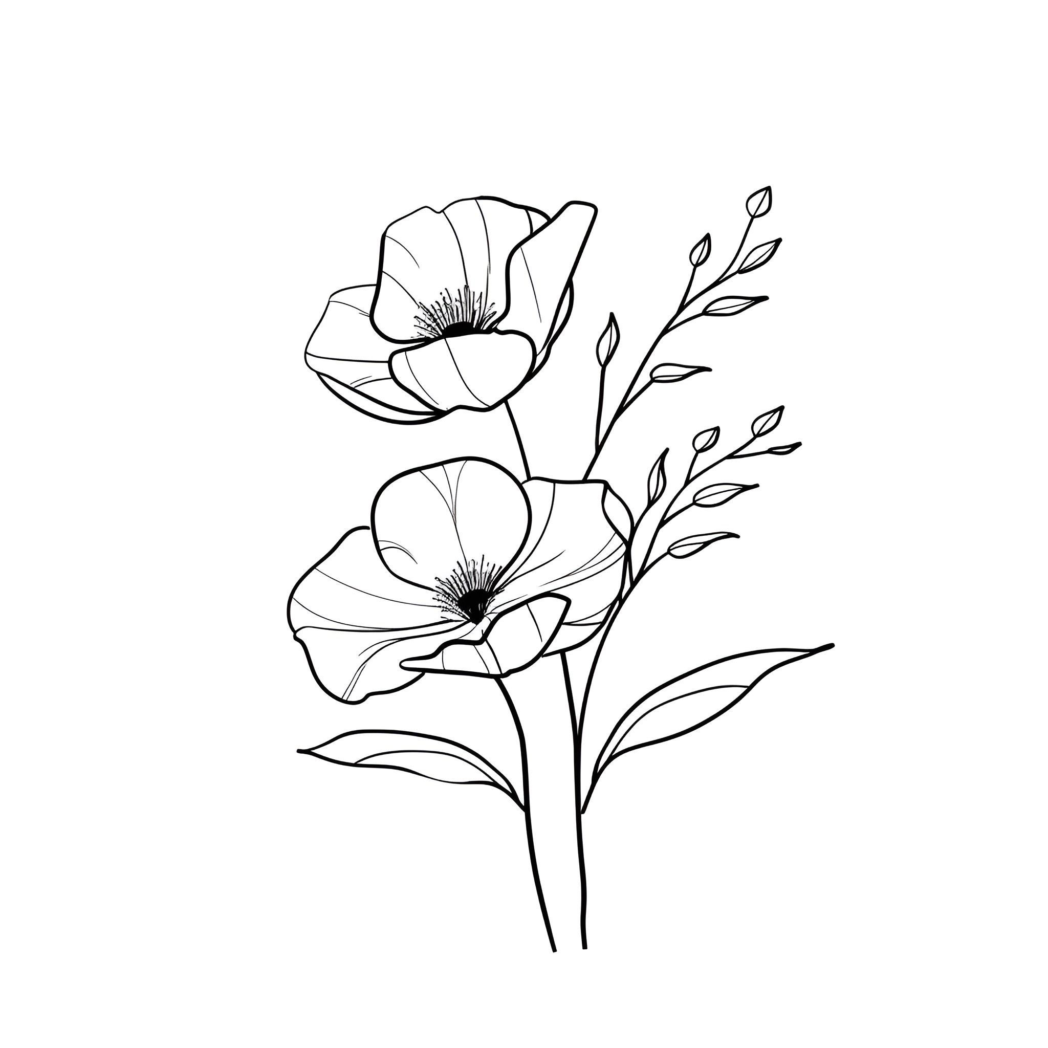 Tattoo Sketch of Blooming Floral Arrangement Drawing Idea (free black-and-white line drawing printable PDF for all, from beginners to advanced learners, including children, teens, adults, and seniors)