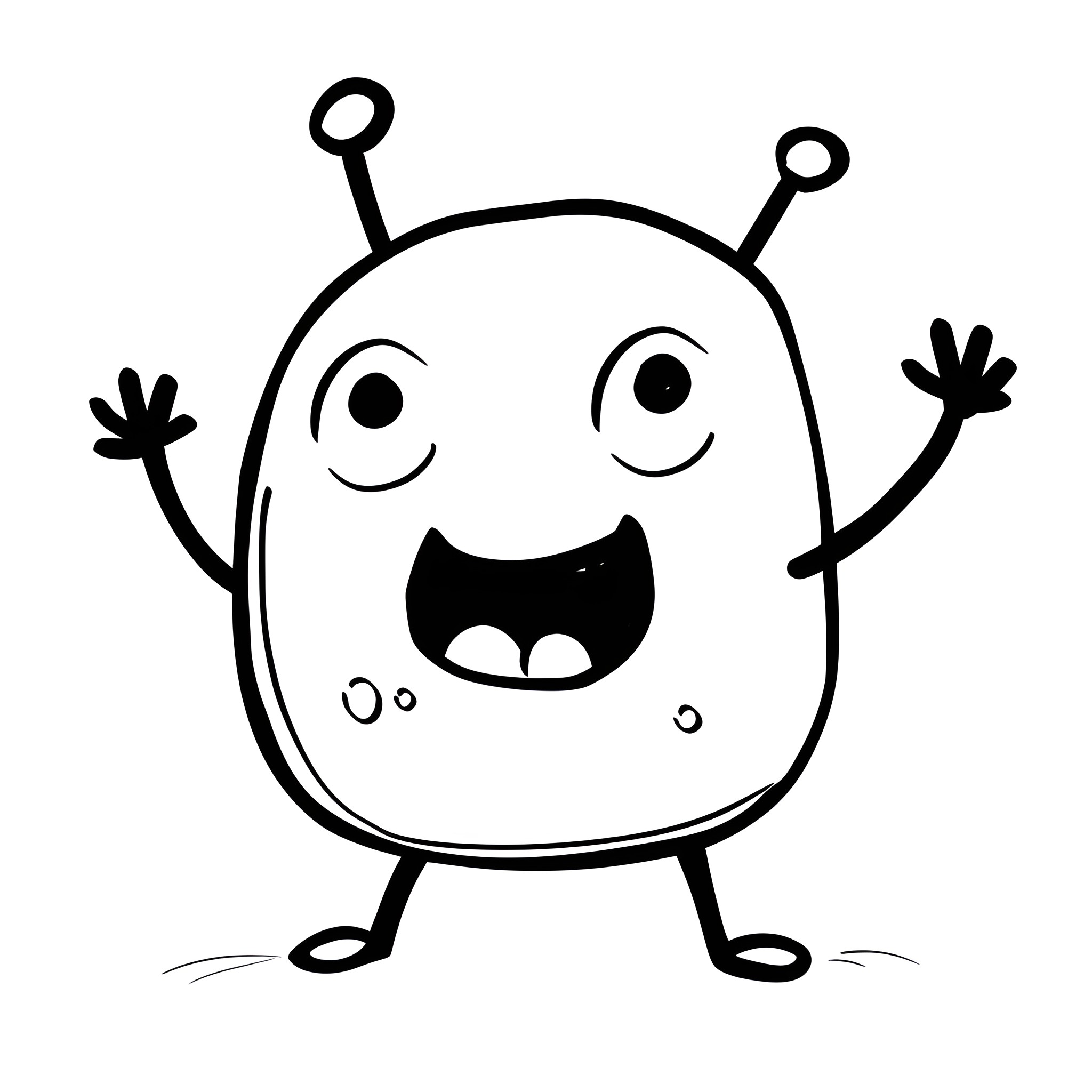 Fun Friendly Alien Greets Enthusiastically Drawing Idea (free black-and-white line drawing printable PDF for all, from beginners to advanced learners, including children, teens, adults, and seniors)