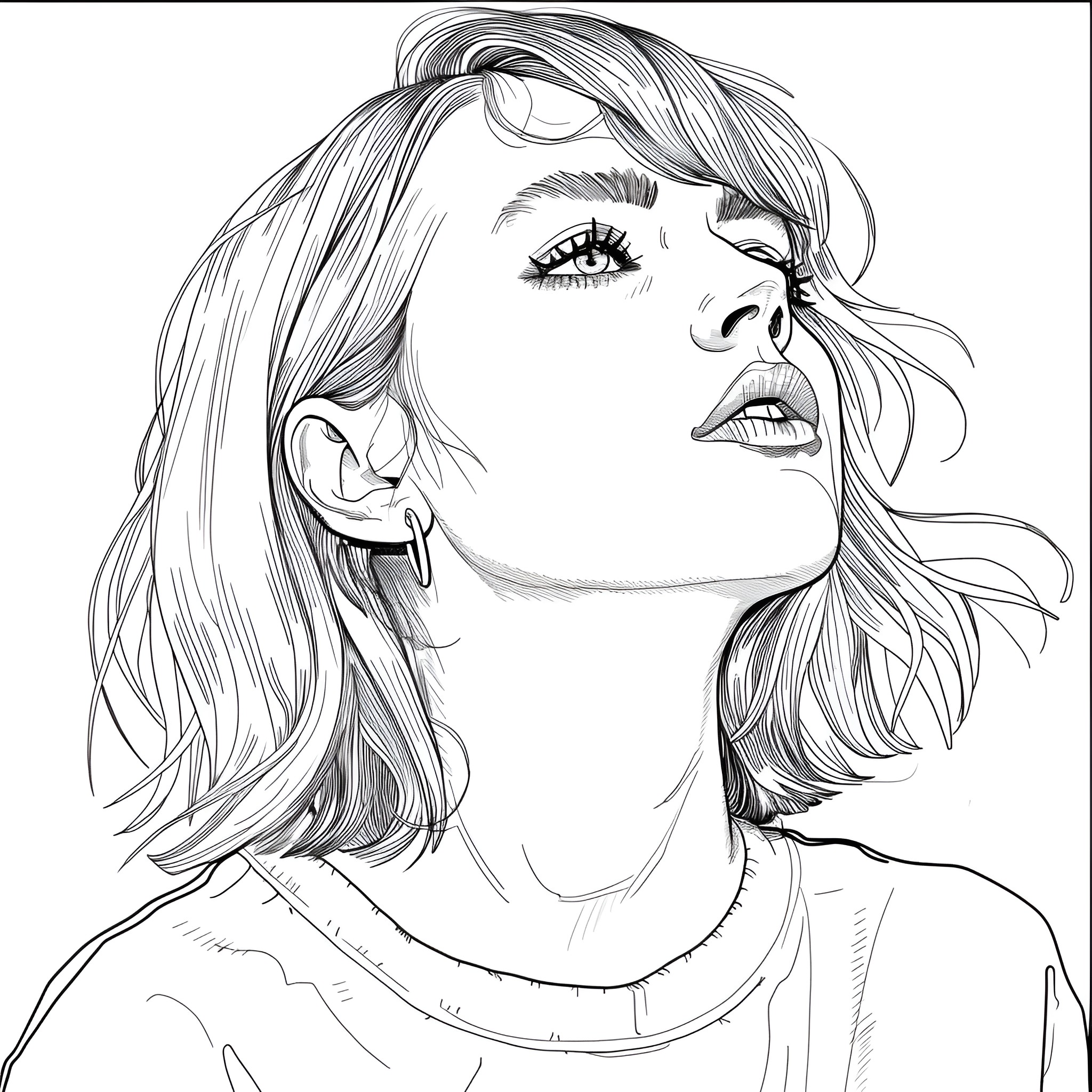 Taylor Swift portraying pensiveness Drawing Idea (free black-and-white line drawing printable PDF for all, from beginners to advanced learners, including children, teens, adults, and seniors)