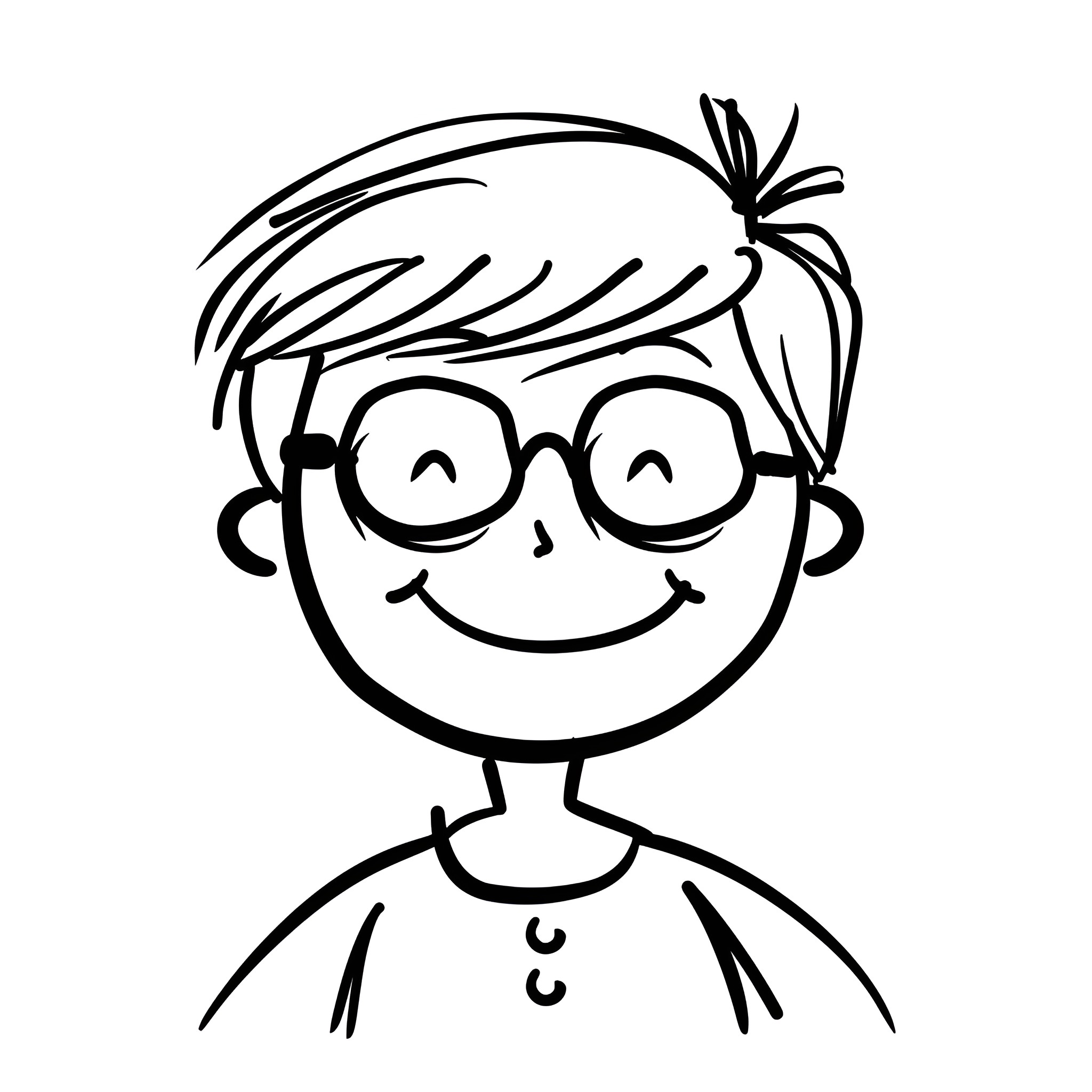 Fun Grinning Boy in Glasses Drawing Idea (free black-and-white line drawing printable PDF for all, from beginners to advanced learners, including children, teens, adults, and seniors)