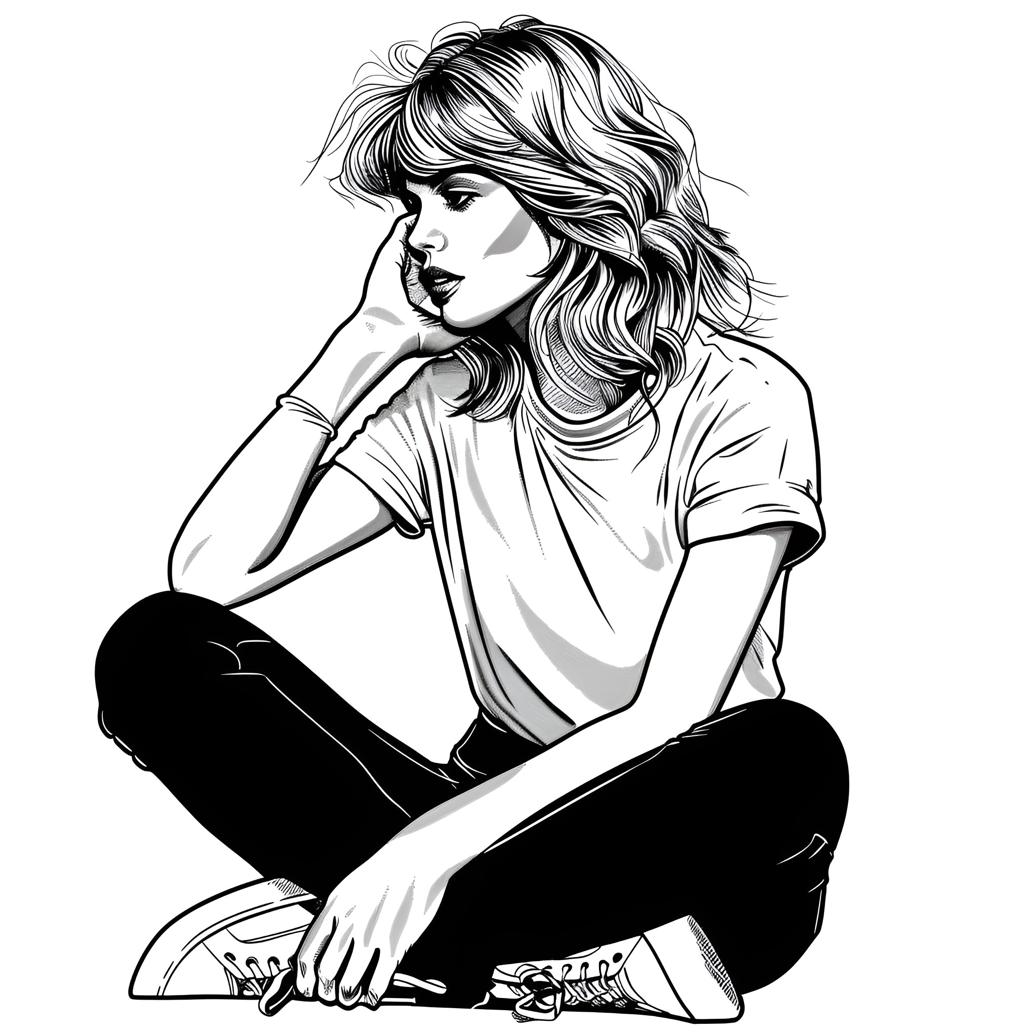 Taylor Swift pensive and contemplative Drawing Idea (free black-and-white line drawing printable PDF for all, from beginners to advanced learners, including children, teens, adults, and seniors)