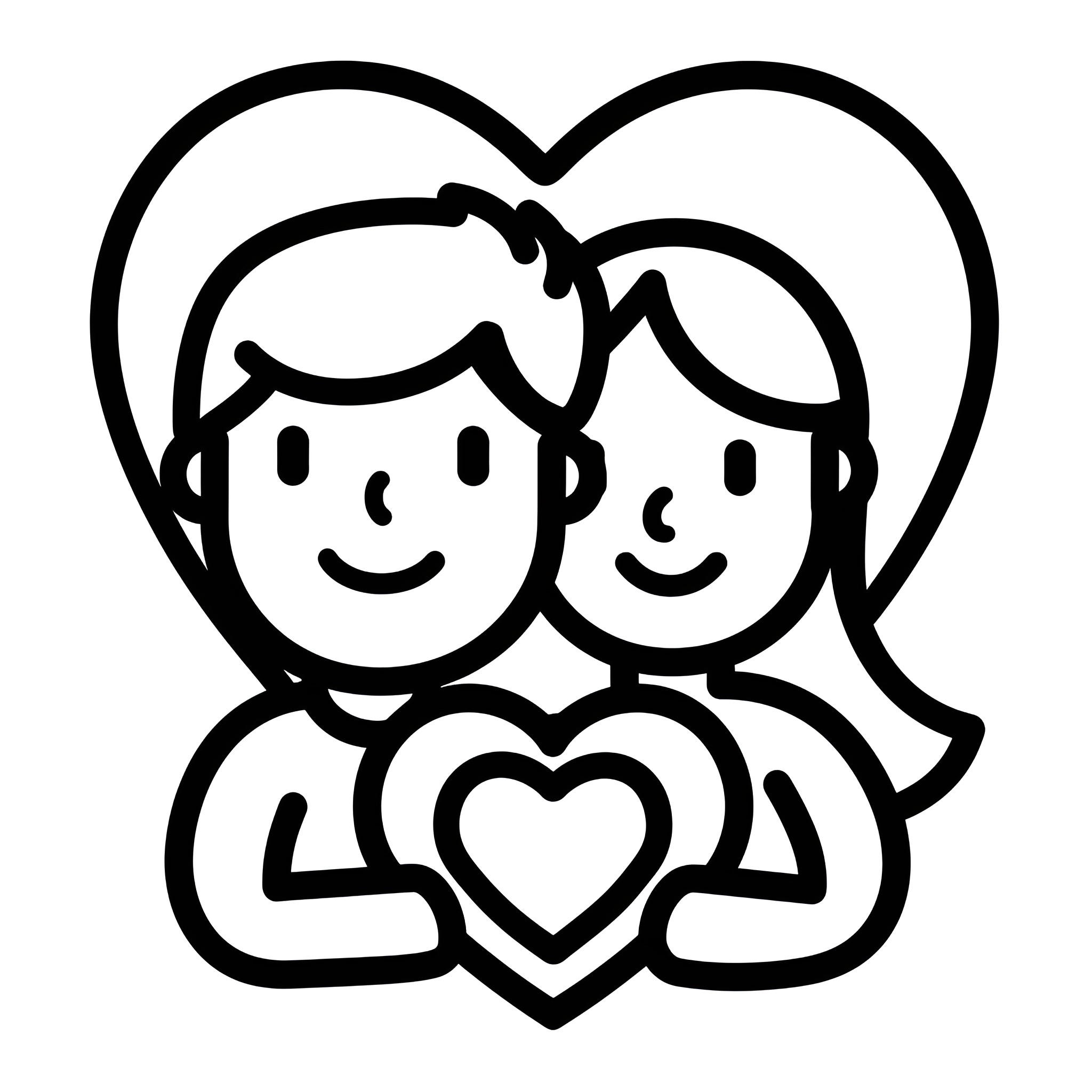 Valentine's Day Couple Embracing with Heart Drawing Idea (free black-and-white line drawing printable PDF for all, from beginners to advanced learners, including children, teens, adults, and seniors)