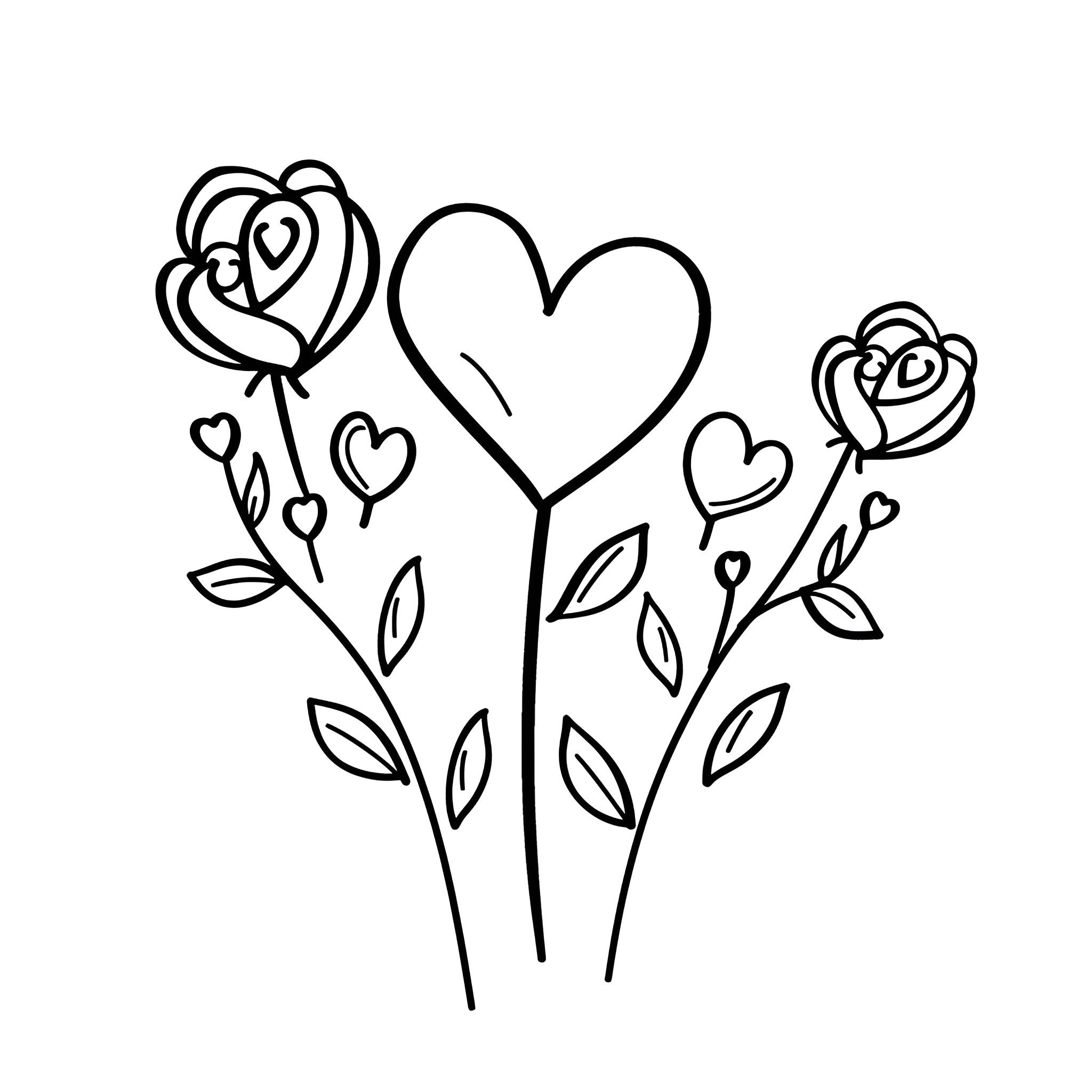Valentine's Day Floral Heart Bouquet Drawing Idea (free black-and-white line drawing printable PDF for all, from beginners to advanced learners, including children, teens, adults, and seniors)