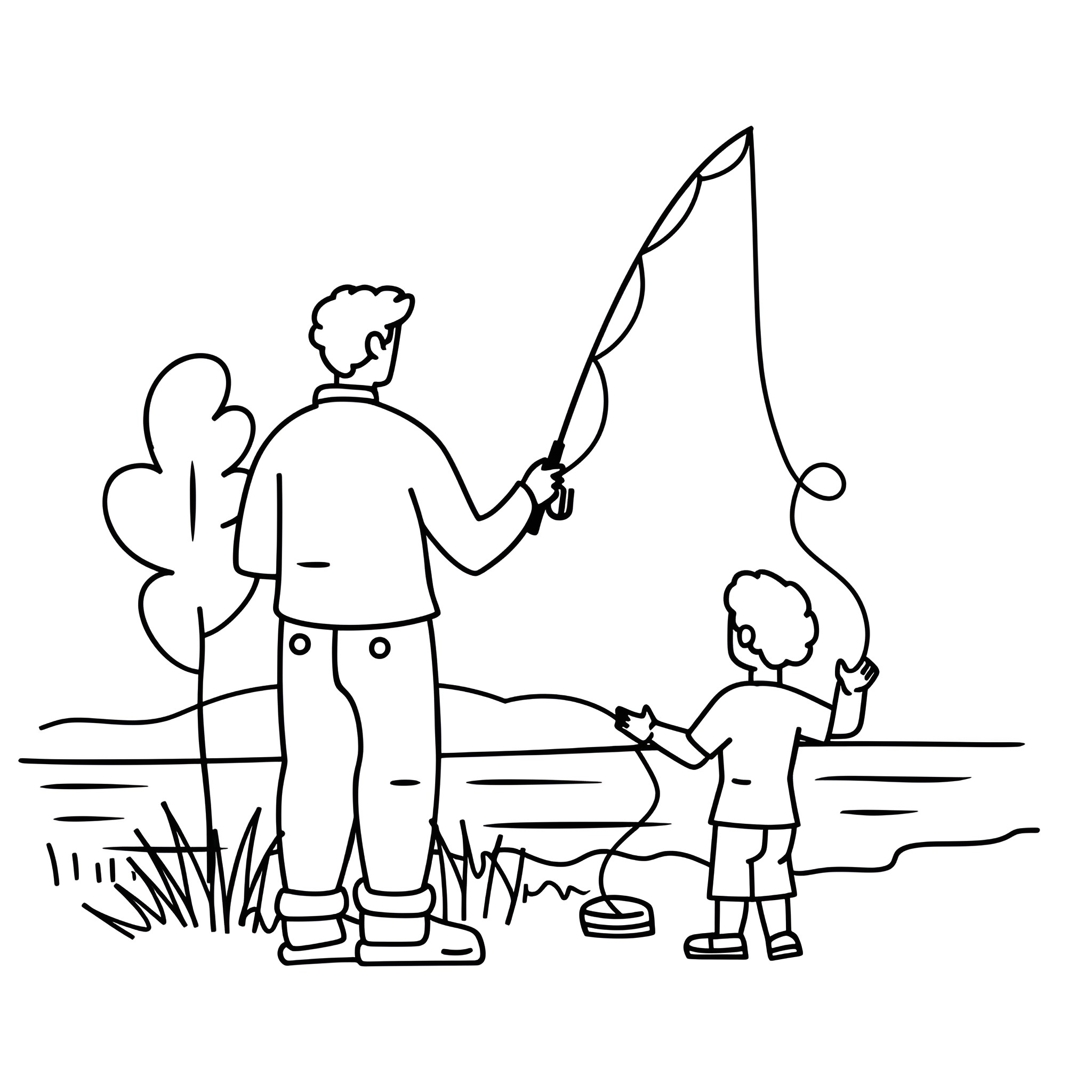 Father's Day fishing with son Drawing Idea (free black-and-white line drawing printable PDF for all, from beginners to advanced learners, including children, teens, adults, and seniors)