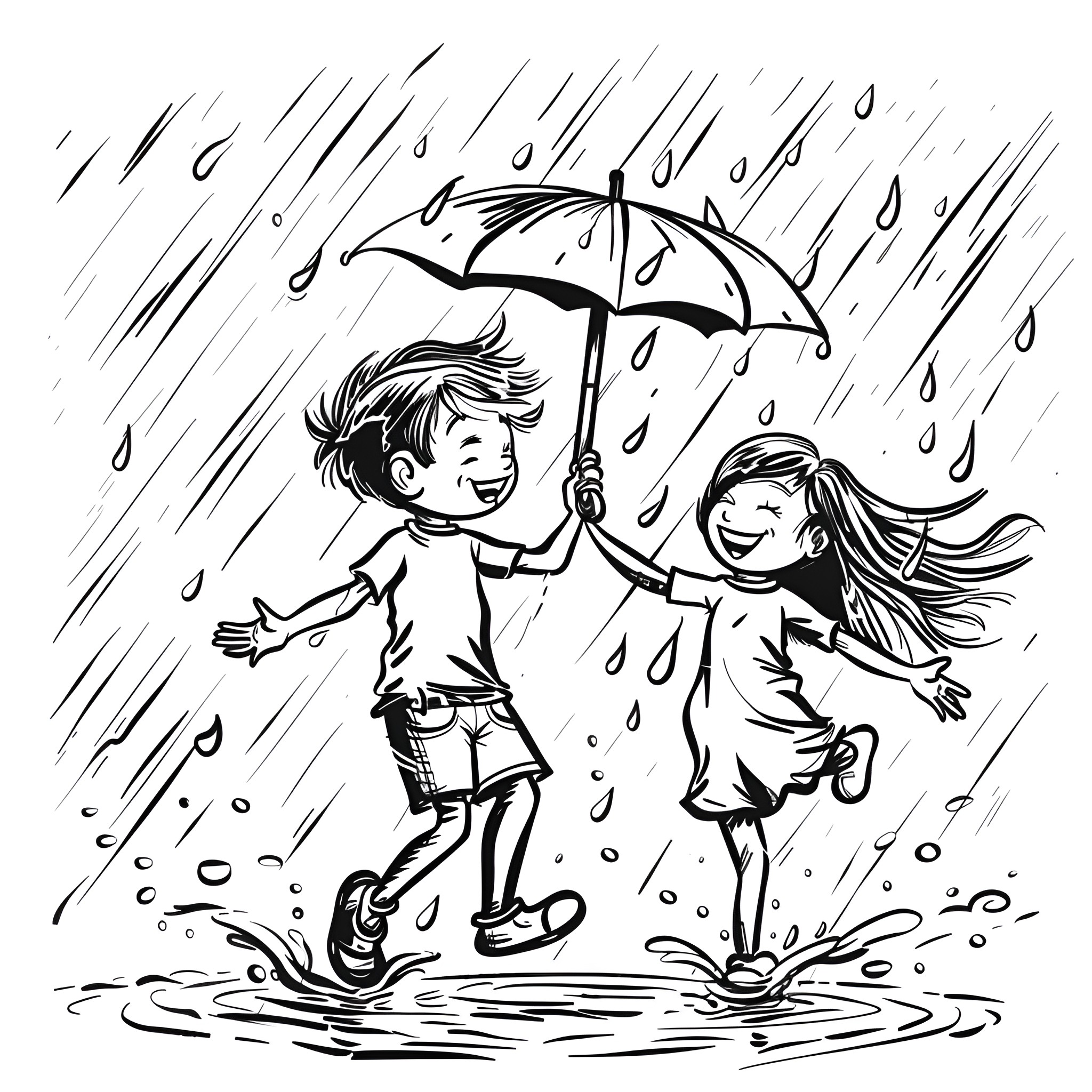 Fun childhood rainy day adventure Drawing Idea (free black-and-white line drawing printable PDF for all, from beginners to advanced learners, including children, teens, adults, and seniors)