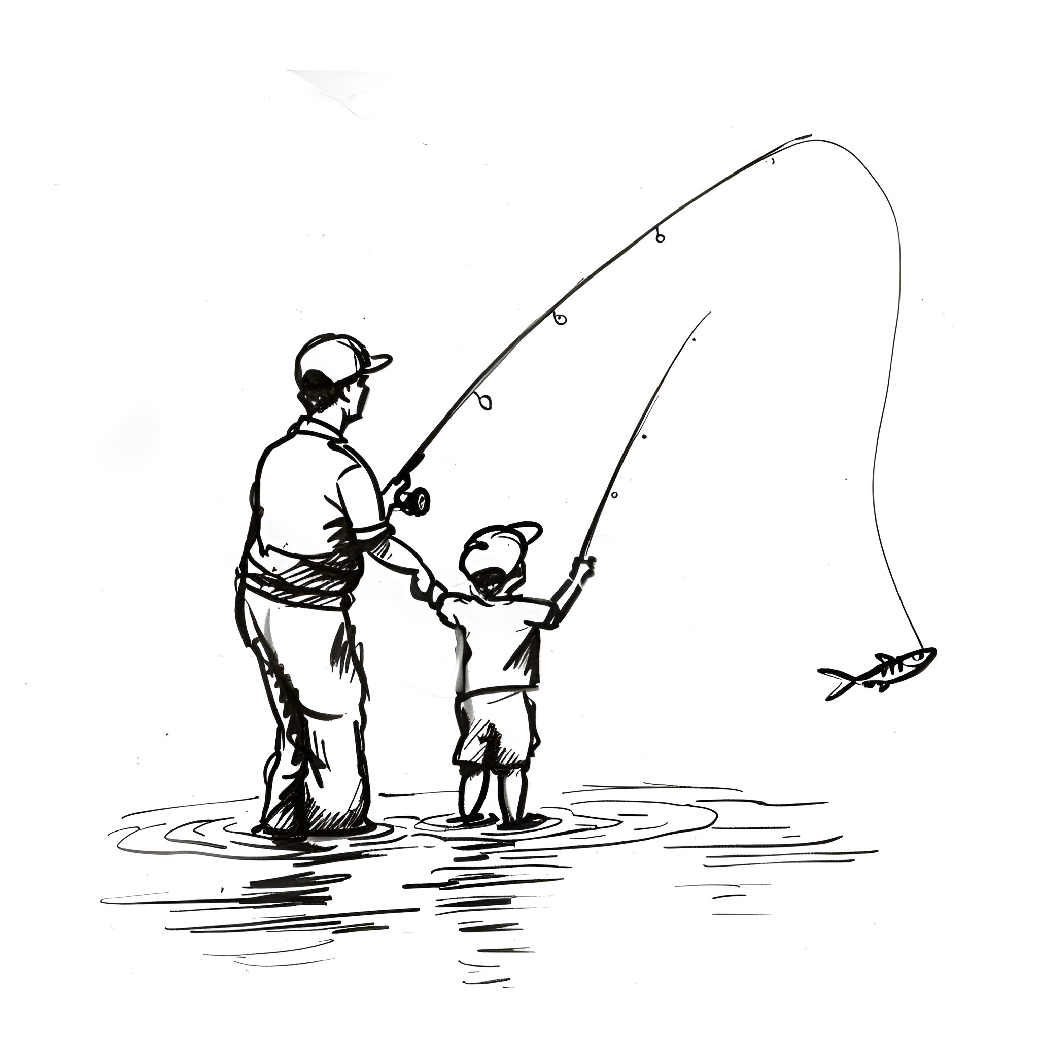 Father's Day fishing adventure with child Drawing Idea (free black-and-white line drawing printable PDF for all, from beginners to advanced learners, including children, teens, adults, and seniors)
