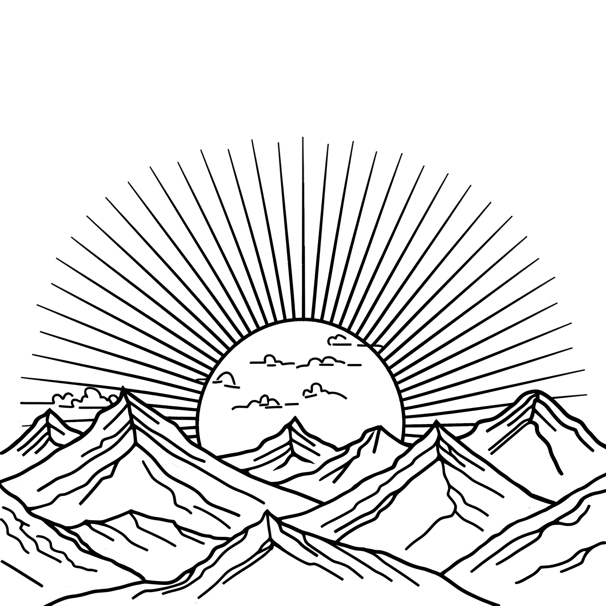 Landscape with Geometric Mountainous Scenery Drawing Idea (free black-and-white line drawing printable PDF for all, from beginners to advanced learners, including children, teens, adults, and seniors)