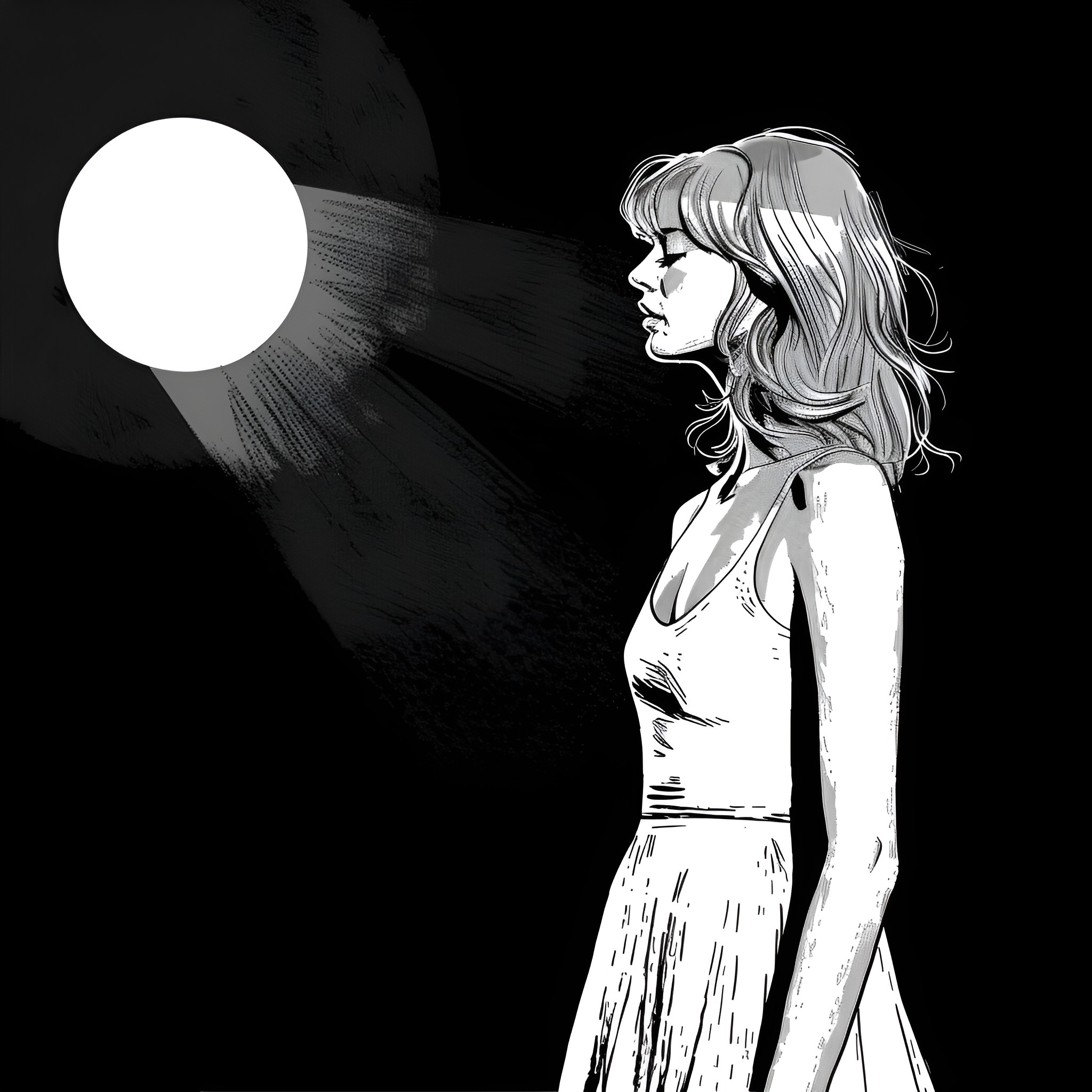Taylor Swift ethereal and pensive silhouette Drawing Idea (free black-and-white line drawing printable PDF for all, from beginners to advanced learners, including children, teens, adults, and seniors)