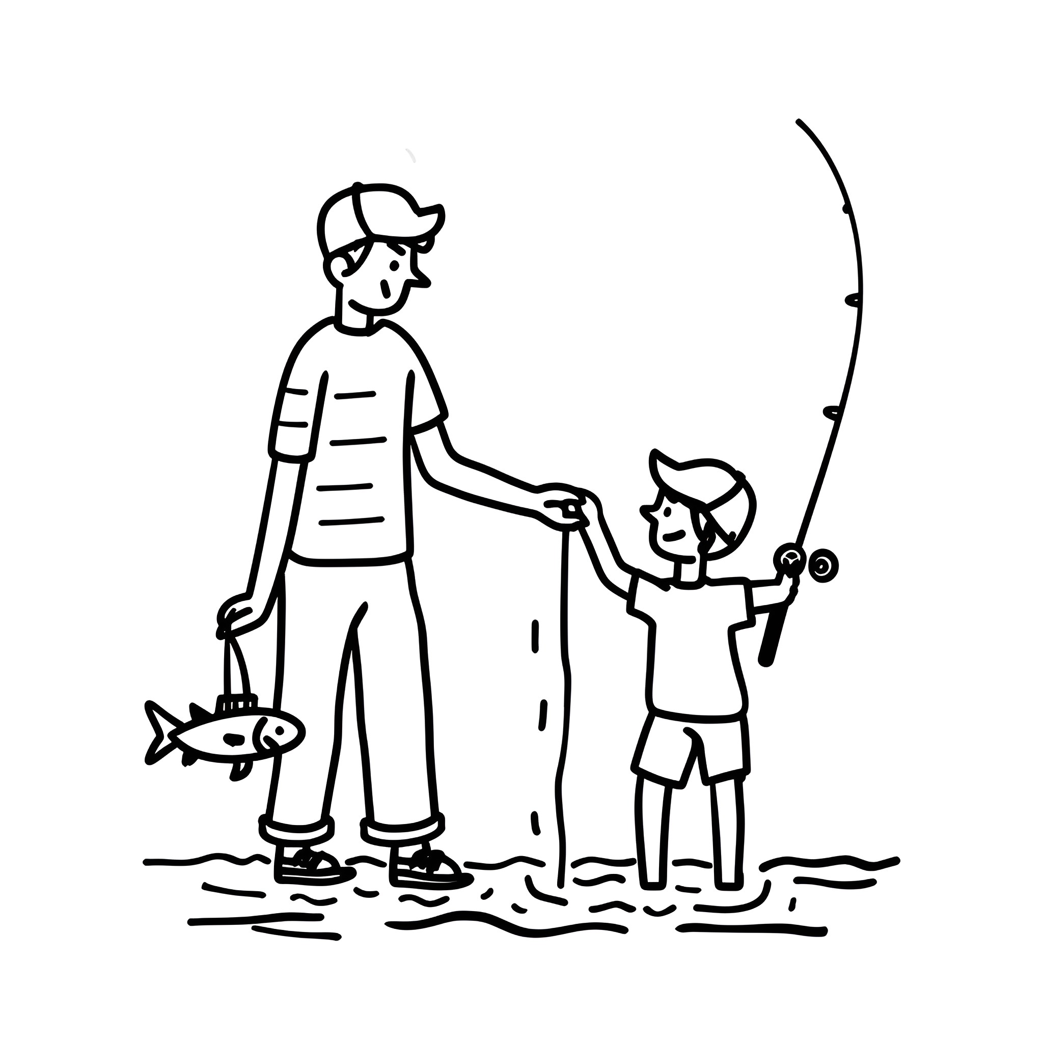 Father's Day fishing adventure Drawing Idea (free black-and-white line drawing printable PDF for all, from beginners to advanced learners, including children, teens, adults, and seniors)