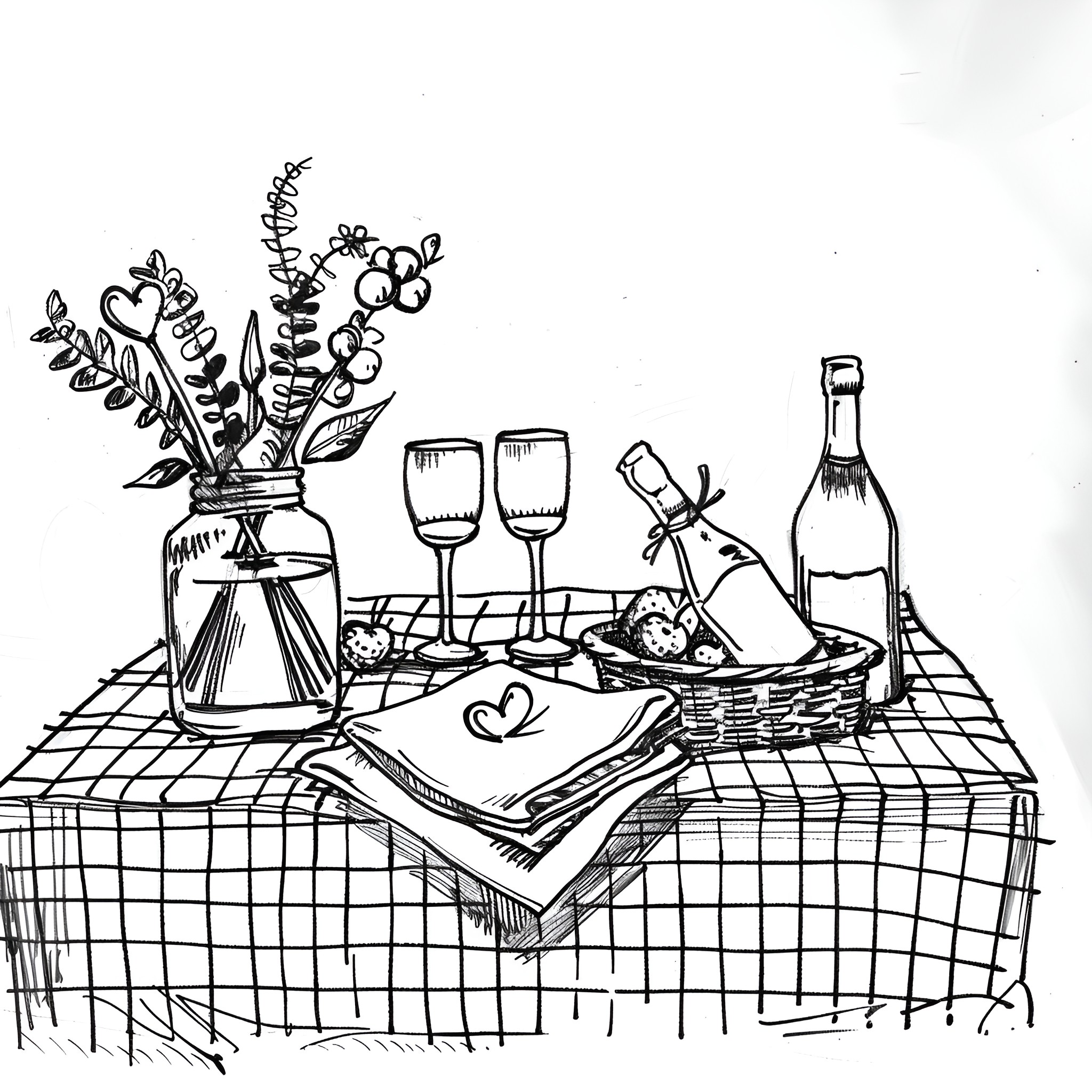Valentine's Day romantic picnic with wine and flowers Drawing Idea (free black-and-white line drawing printable PDF for all, from beginners to advanced learners, including children, teens, adults, and seniors)