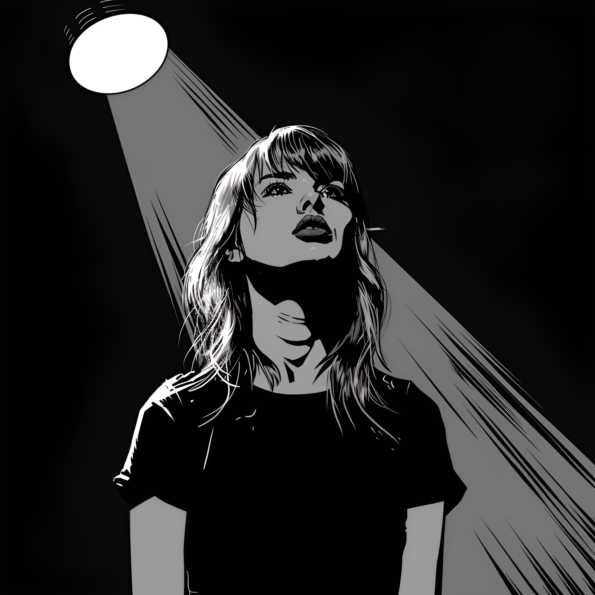 Taylor Swift in dramatic lighting Drawing Idea (free black-and-white line drawing printable PDF for all, from beginners to advanced learners, including children, teens, adults, and seniors)