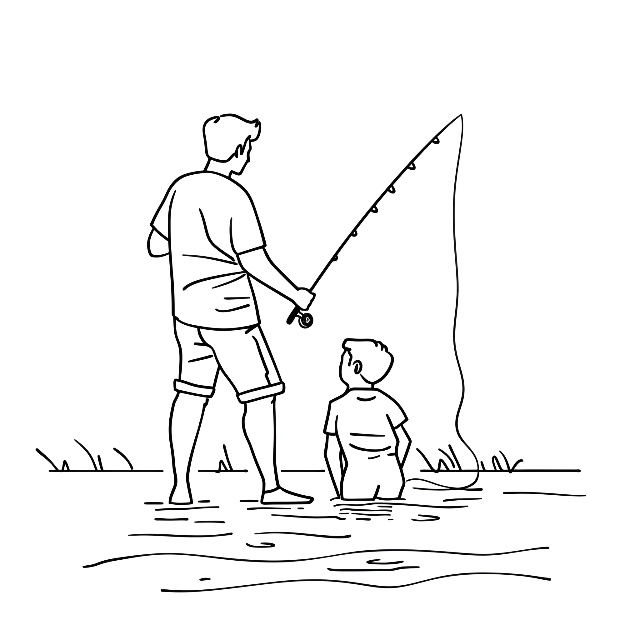 Father's Day by the Water Fishing Drawing Idea (free black-and-white line drawing printable PDF for all, from beginners to advanced learners, including children, teens, adults, and seniors)