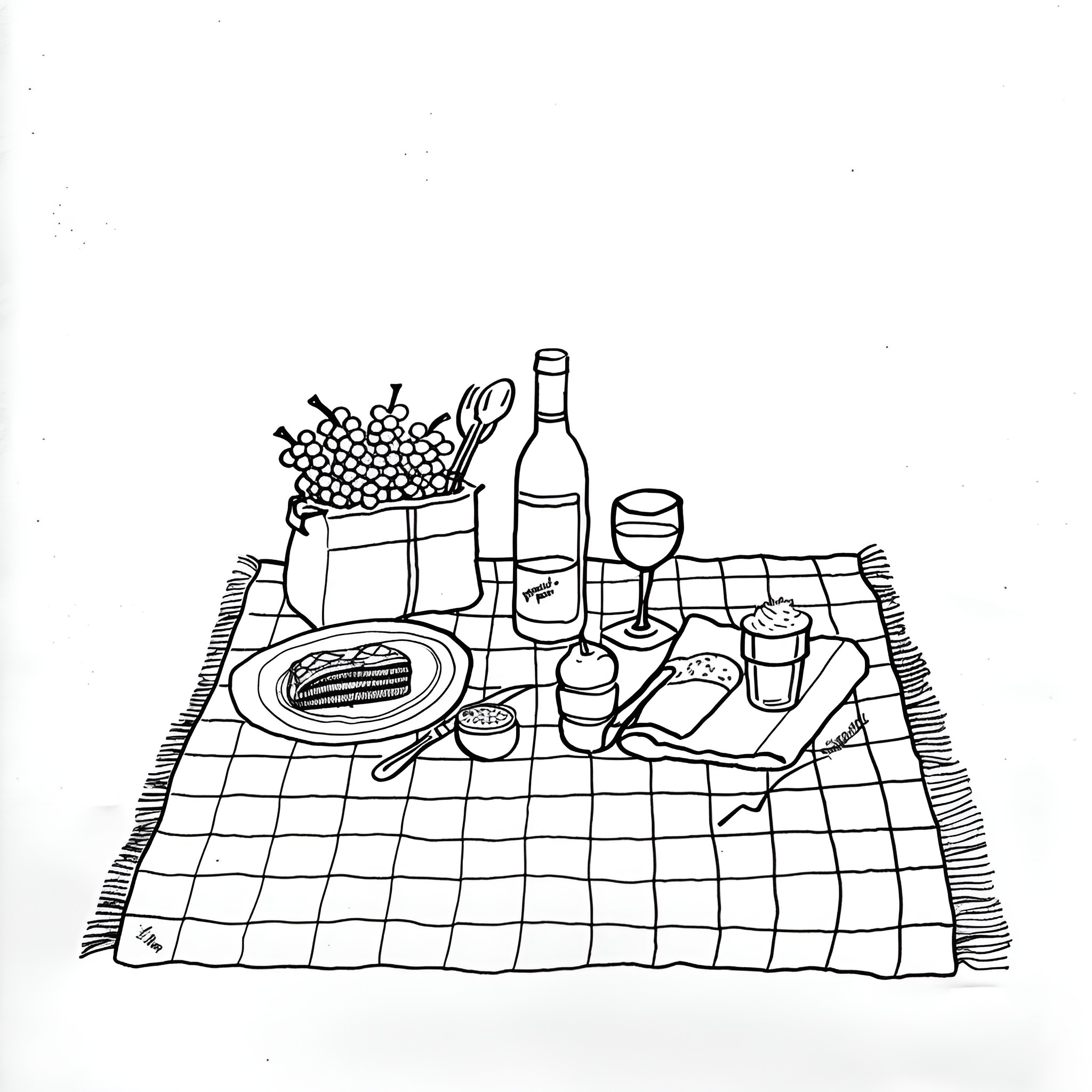Valentine's Day Picnic Gathering with Wine and Snacks Drawing Idea (free black-and-white line drawing printable PDF for all, from beginners to advanced learners, including children, teens, adults, and seniors)