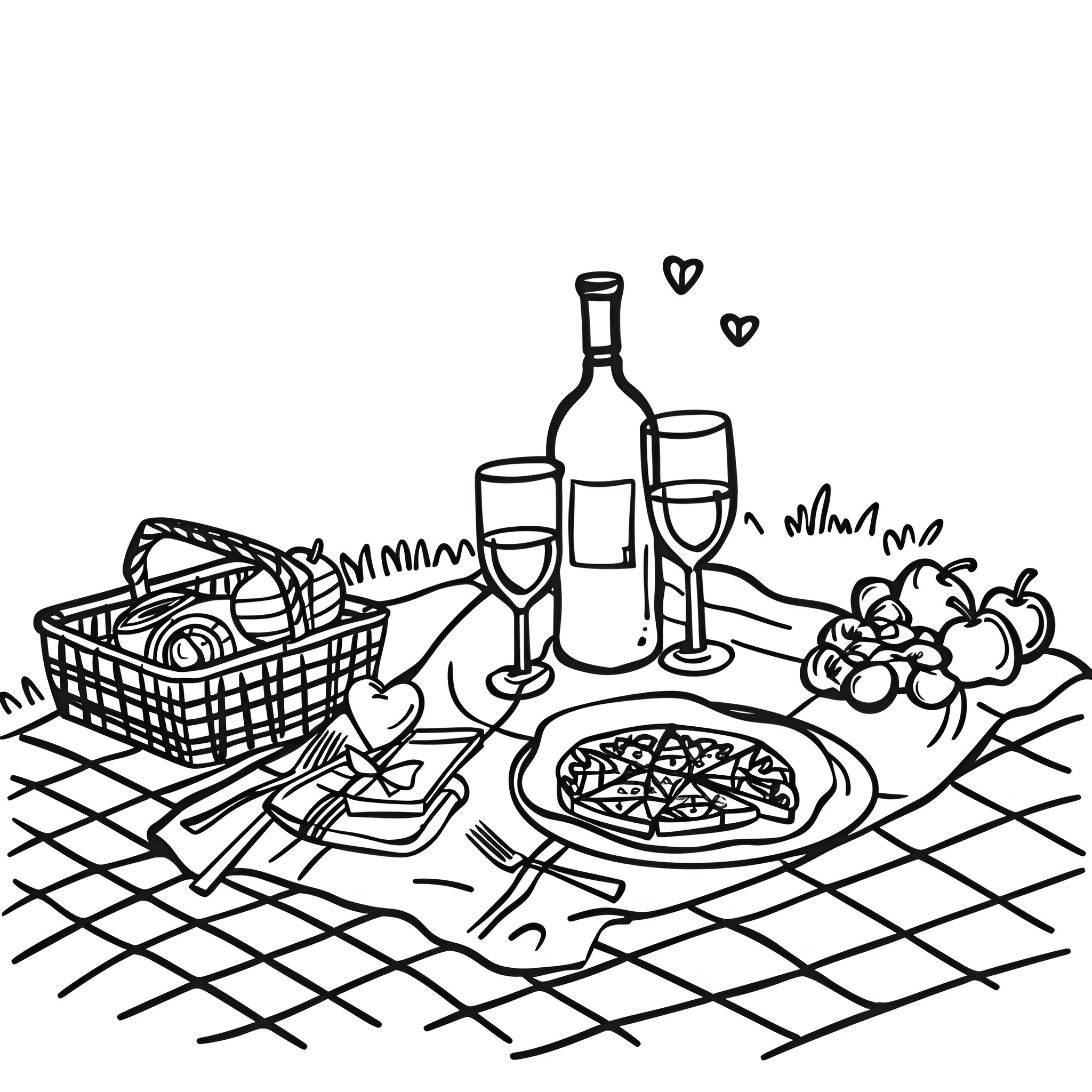 Valentine's Day romantic picnic scene Drawing Idea (free black-and-white line drawing printable PDF for all, from beginners to advanced learners, including children, teens, adults, and seniors)