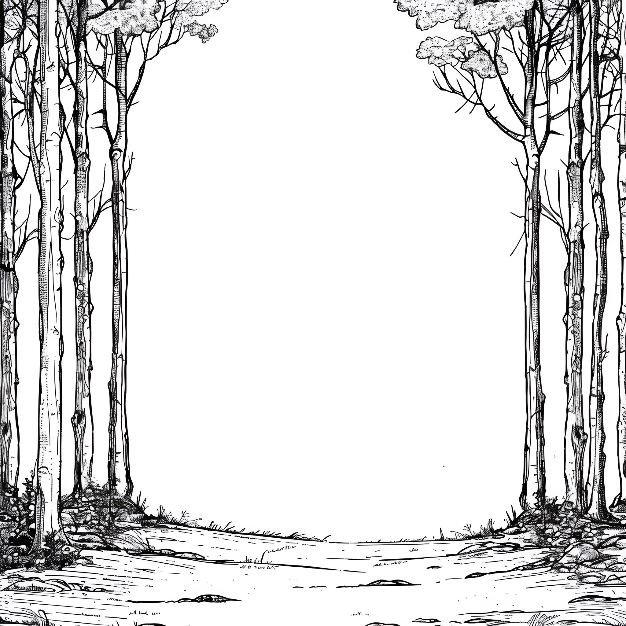 Background of detailed forest landscape Drawing Idea (free black-and-white line drawing printable PDF for all, from beginners to advanced learners, including children, teens, adults, and seniors)