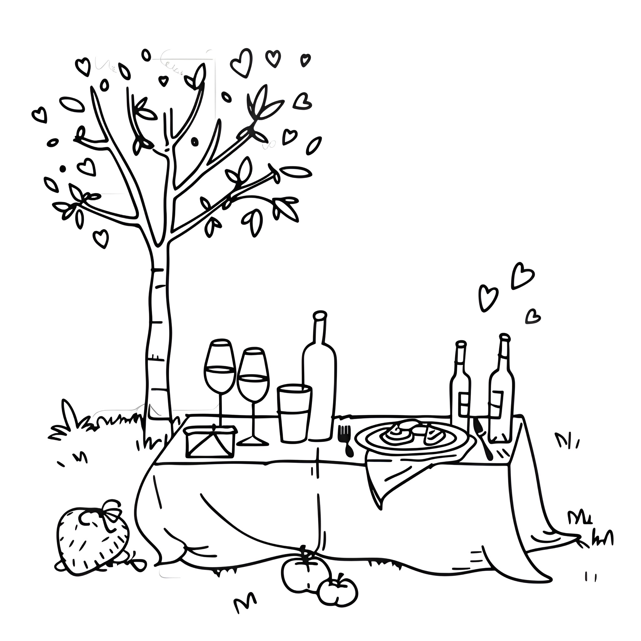 Valentine's Day romantic picnic by candlelight Drawing Idea (free black-and-white line drawing printable PDF for all, from beginners to advanced learners, including children, teens, adults, and seniors)