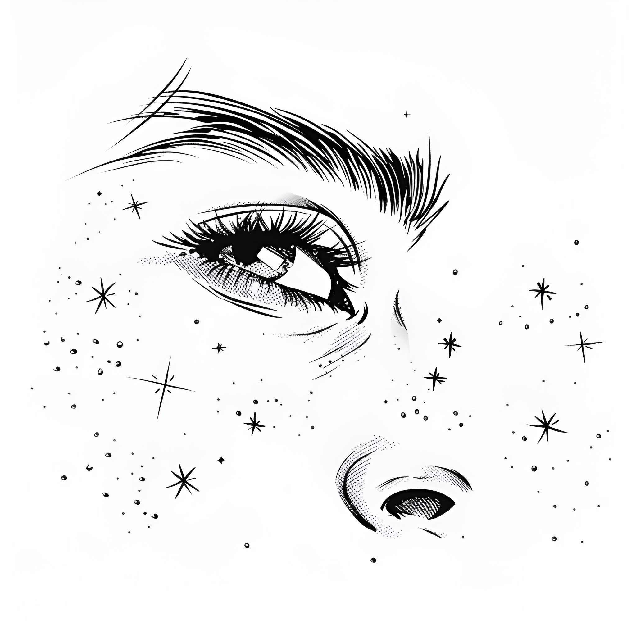 Eyes on the Cosmic Scene Drawing Idea (free black-and-white line drawing printable PDF for all, from beginners to advanced learners, including children, teens, adults, and seniors)