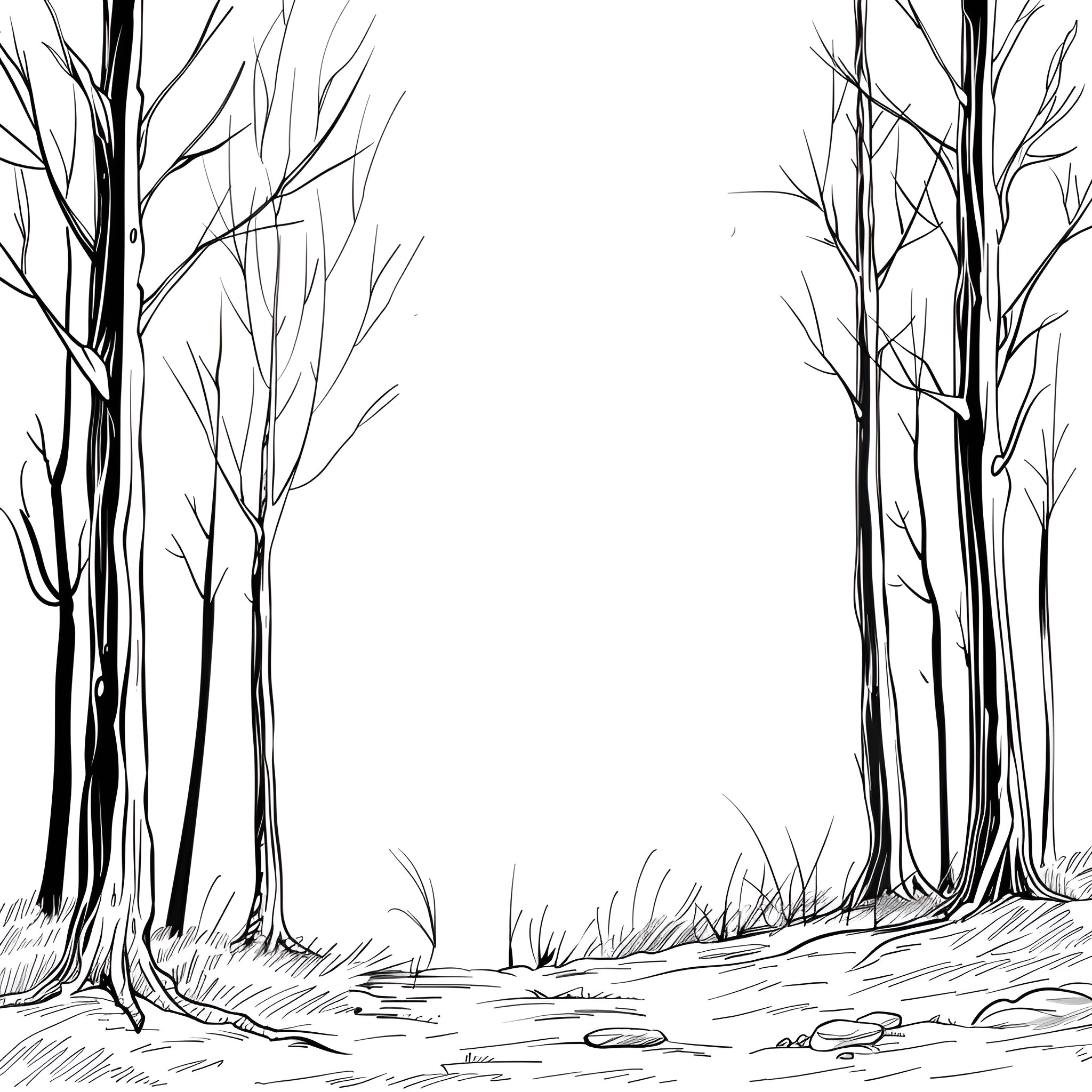 Background of bare trees in a forest clearing Drawing Idea (free black-and-white line drawing printable PDF for all, from beginners to advanced learners, including children, teens, adults, and seniors)