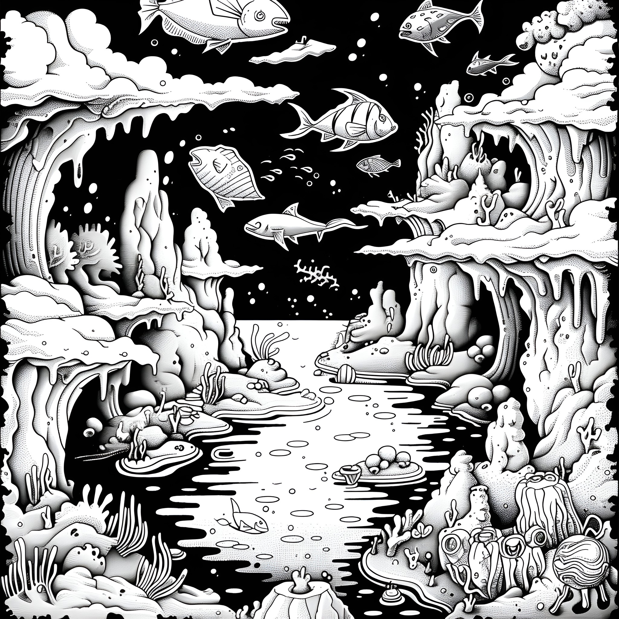 Trippy Underwater Wonderland Drawing Idea (free black-and-white line drawing printable PDF for all, from beginners to advanced learners, including children, teens, adults, and seniors)