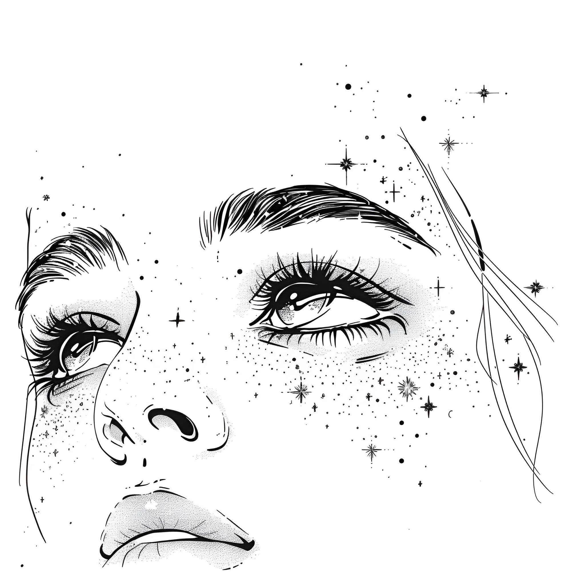 Eyes gazing into the cosmic universe Drawing Idea (free black-and-white line drawing printable PDF for all, from beginners to advanced learners, including children, teens, adults, and seniors)