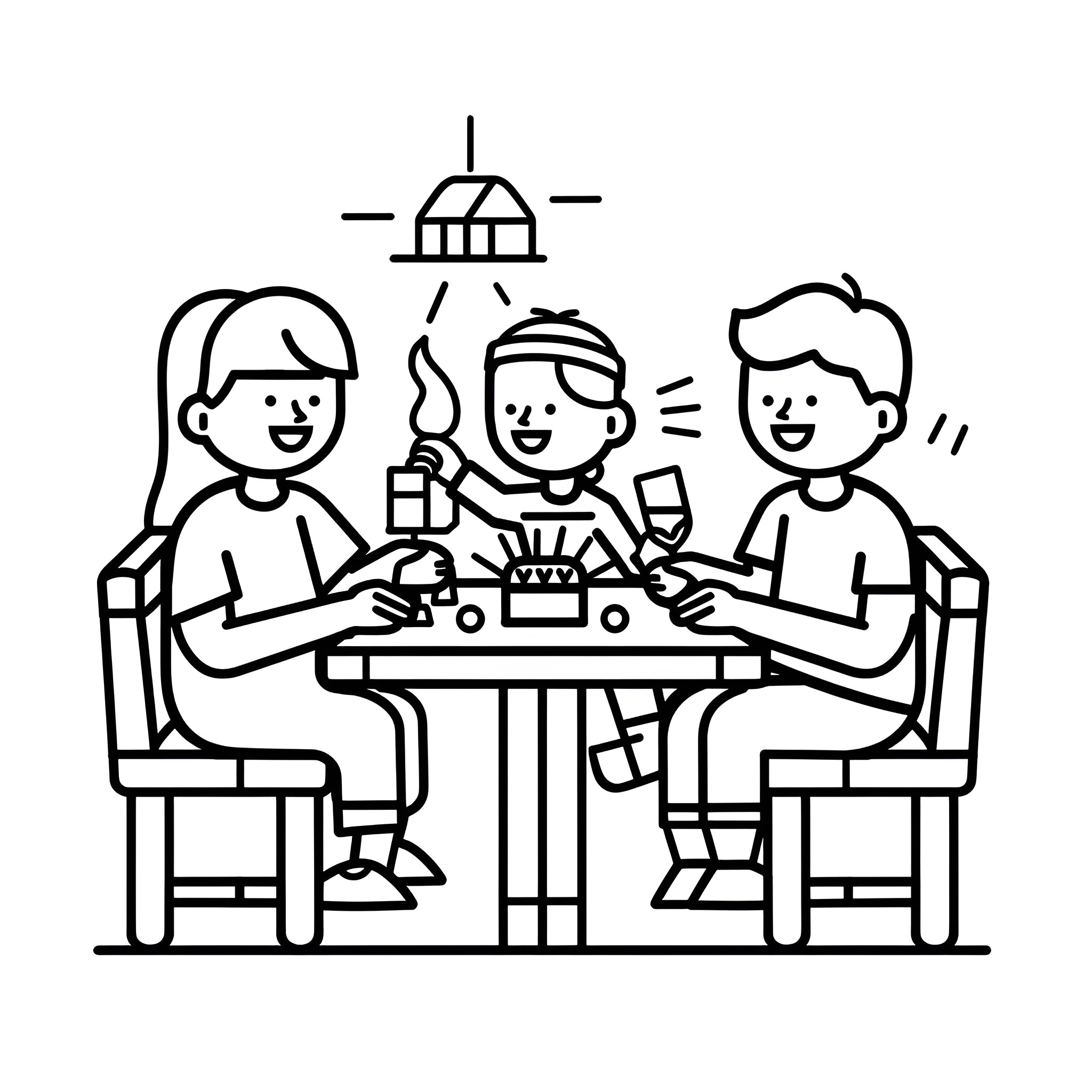 Father's Day family meal together Drawing Idea (free black-and-white line drawing printable PDF for all, from beginners to advanced learners, including children, teens, adults, and seniors)