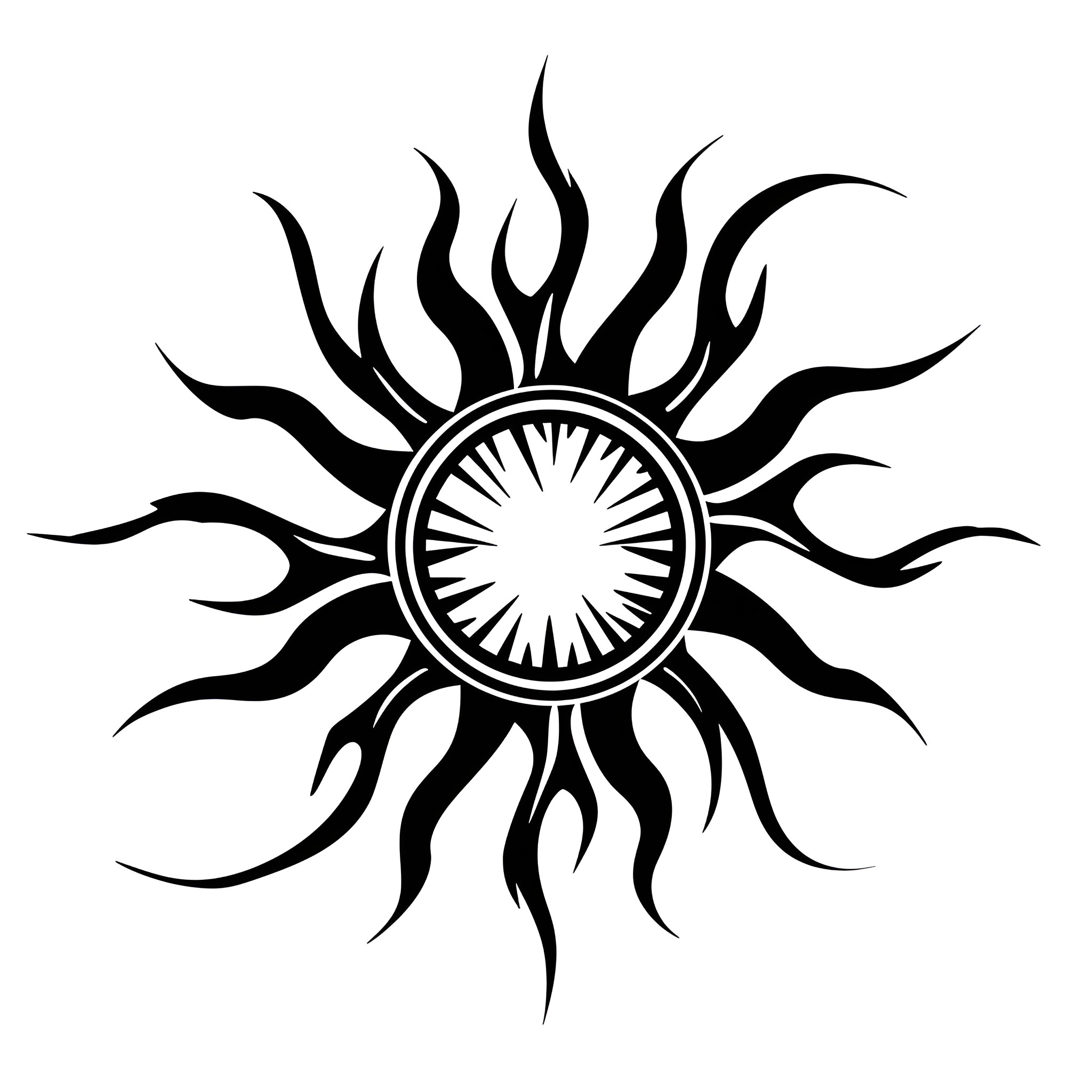 Tattoo Sketch of Radiant Sun Symbol Drawing Idea (free black-and-white line drawing printable PDF for all, from beginners to advanced learners, including children, teens, adults, and seniors)