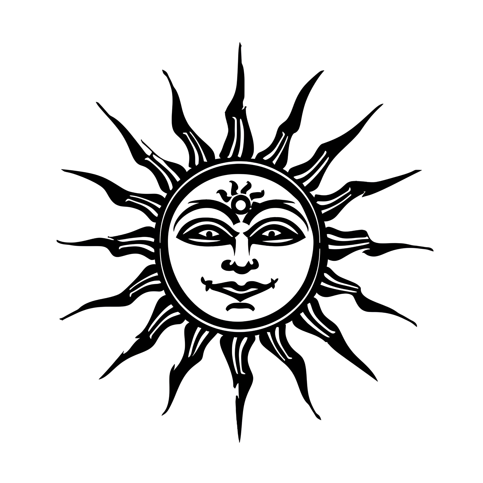 Tattoo Sketch of Smiling Sun Symbol Drawing Idea (free black-and-white line drawing printable PDF for all, from beginners to advanced learners, including children, teens, adults, and seniors)