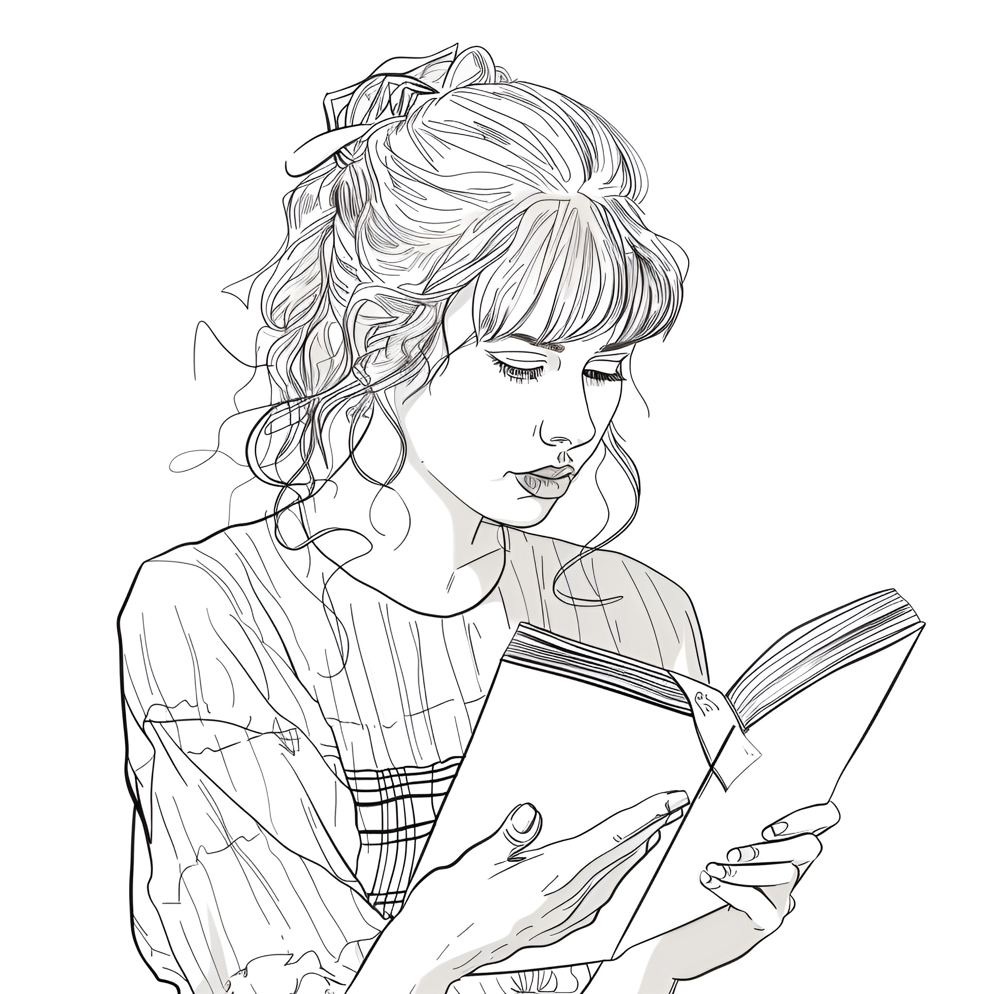 Taylor Swift reading intently in quiet contemplation Drawing Idea (free black-and-white line drawing printable PDF for all, from beginners to advanced learners, including children, teens, adults, and seniors)