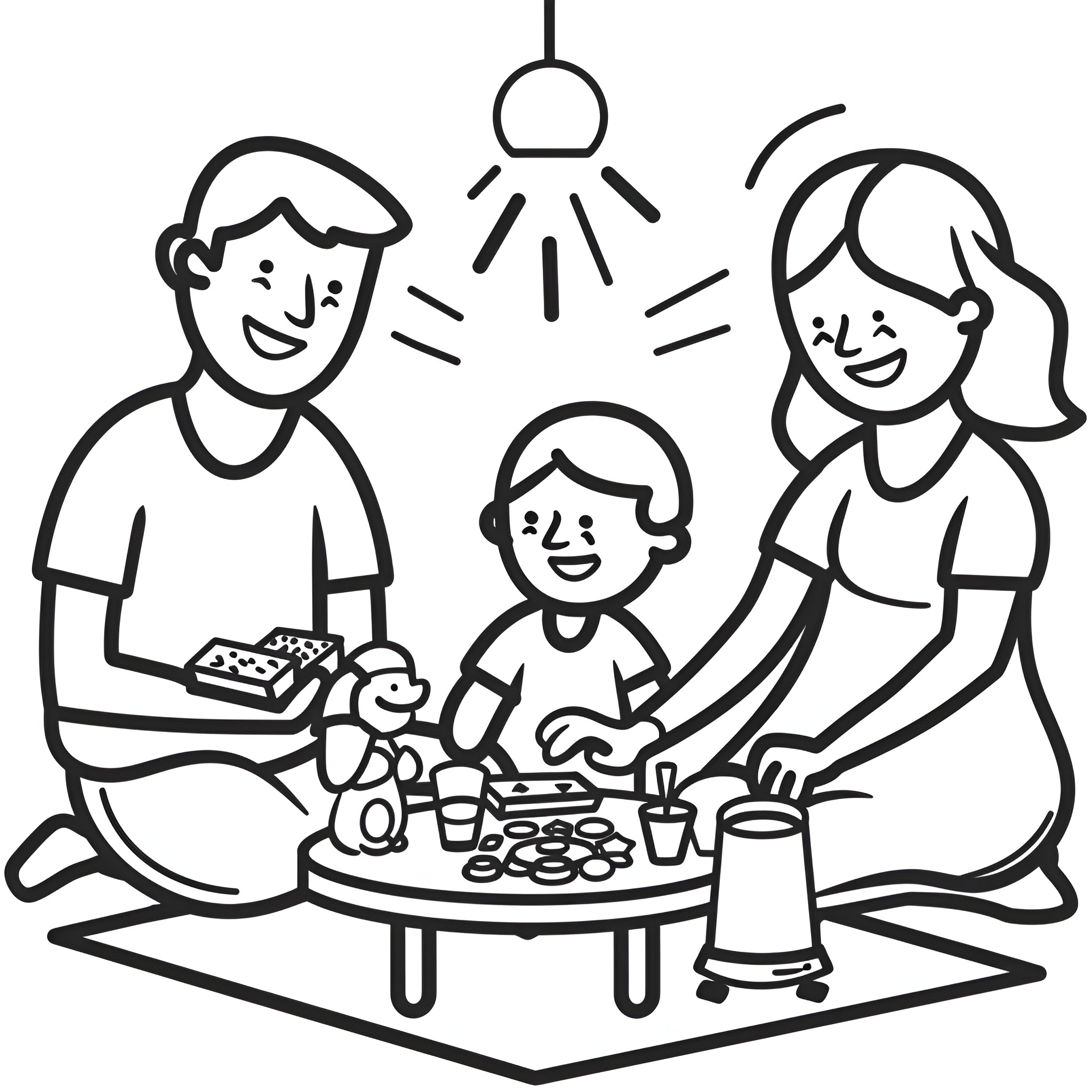 Father's Day family meal together Drawing Idea (free black-and-white line drawing printable PDF for all, from beginners to advanced learners, including children, teens, adults, and seniors)