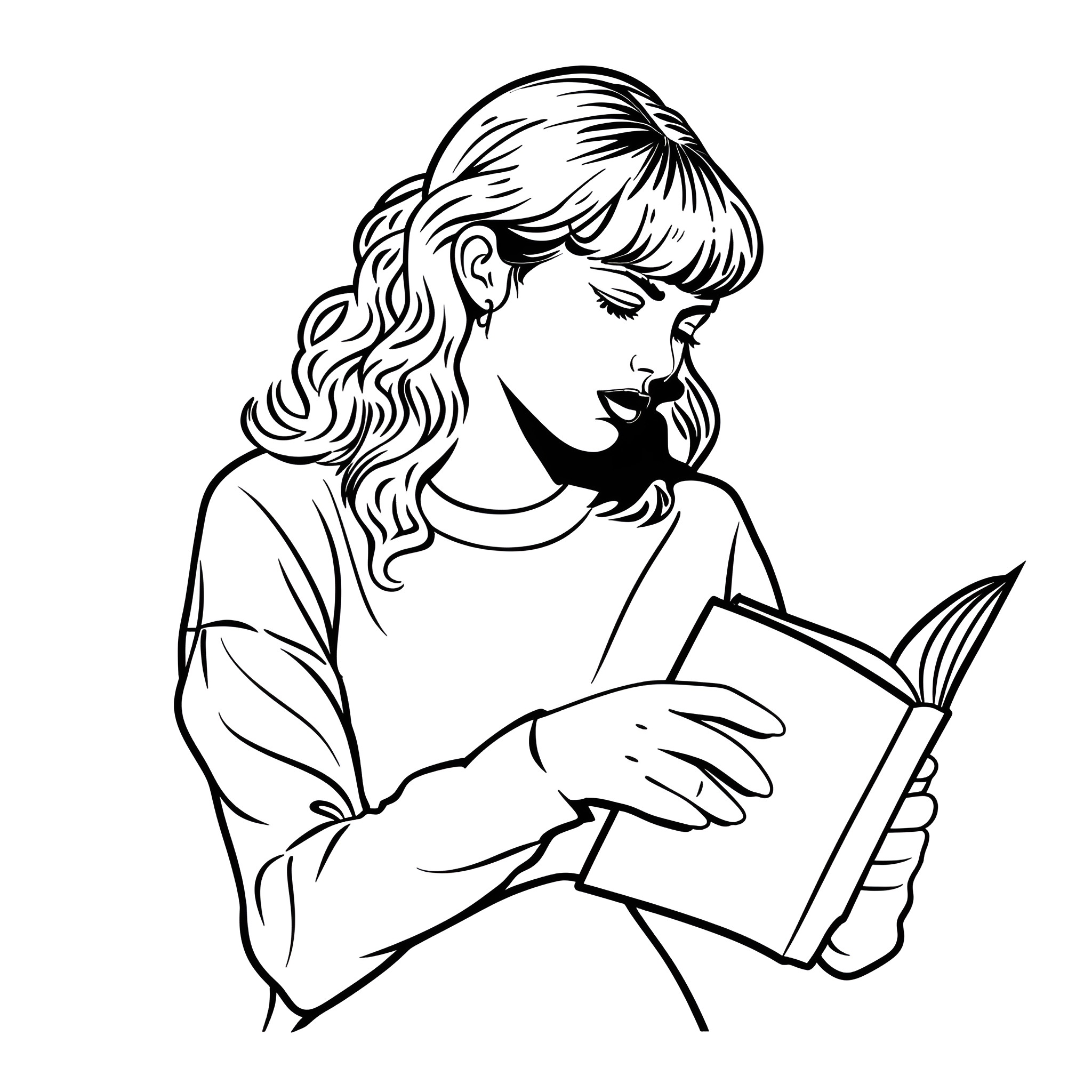 Taylor Swift reading thoughtfully Drawing Idea (free black-and-white line drawing printable PDF for all, from beginners to advanced learners, including children, teens, adults, and seniors)