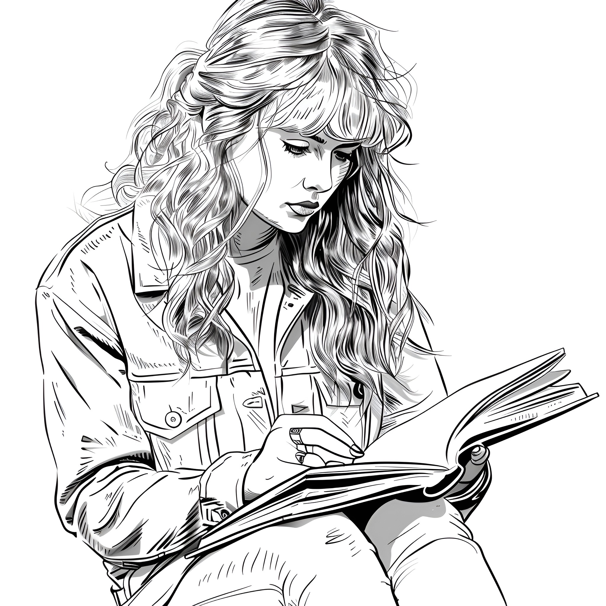 Taylor Swift studying intently in a jacket Drawing Idea (free black-and-white line drawing printable PDF for all, from beginners to advanced learners, including children, teens, adults, and seniors)