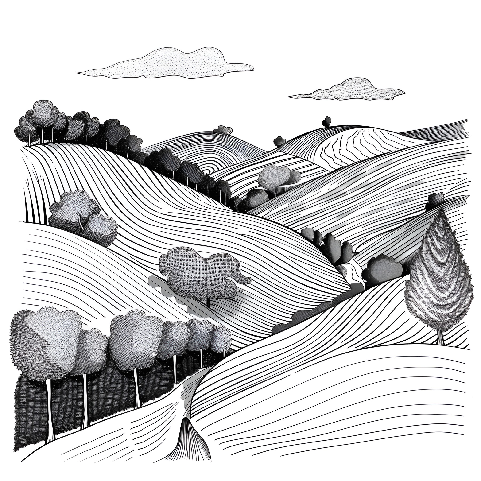 Landscape of rolling hills and fields Drawing Idea (free black-and-white line drawing printable PDF for all, from beginners to advanced learners, including children, teens, adults, and seniors)