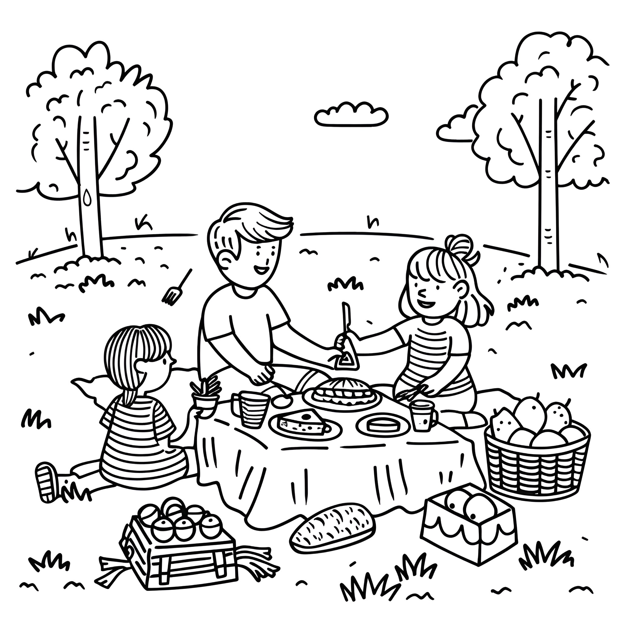 Fun family picnic outdoors Drawing Idea (free black-and-white line drawing printable PDF for all, from beginners to advanced learners, including children, teens, adults, and seniors)