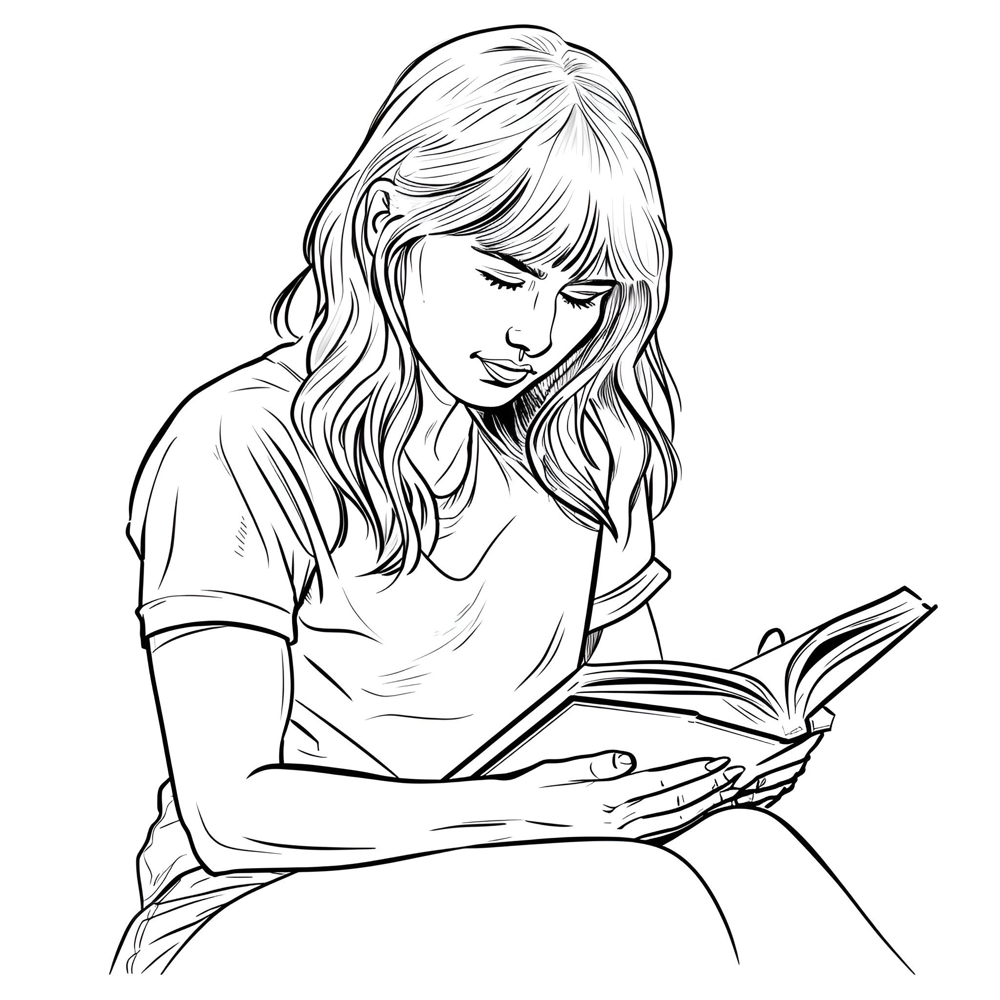 Taylor Swift reading a book intently Drawing Idea (free black-and-white line drawing printable PDF for all, from beginners to advanced learners, including children, teens, adults, and seniors)