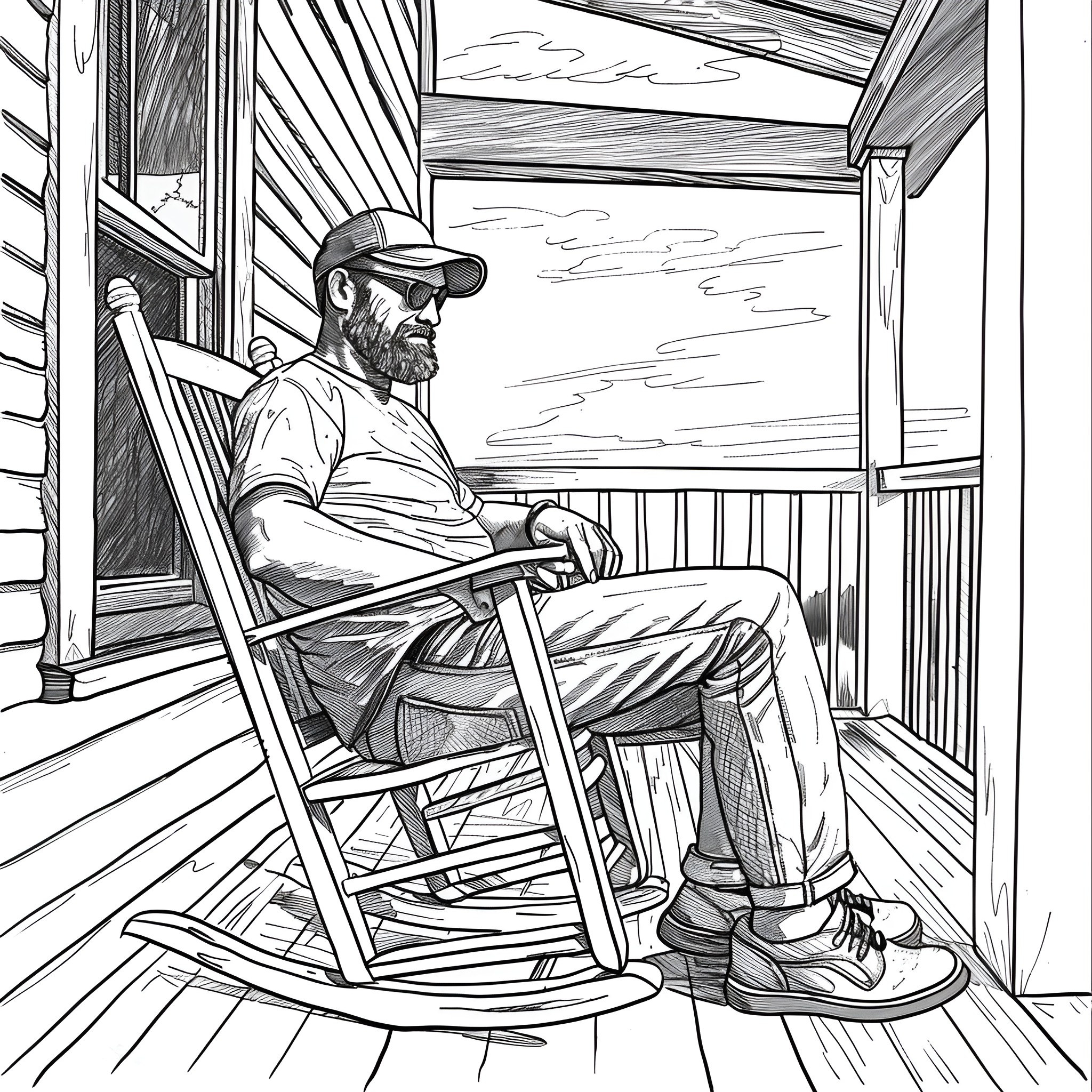 Father's Day relaxing on porch Drawing Idea (free black-and-white line drawing printable PDF for all, from beginners to advanced learners, including children, teens, adults, and seniors)