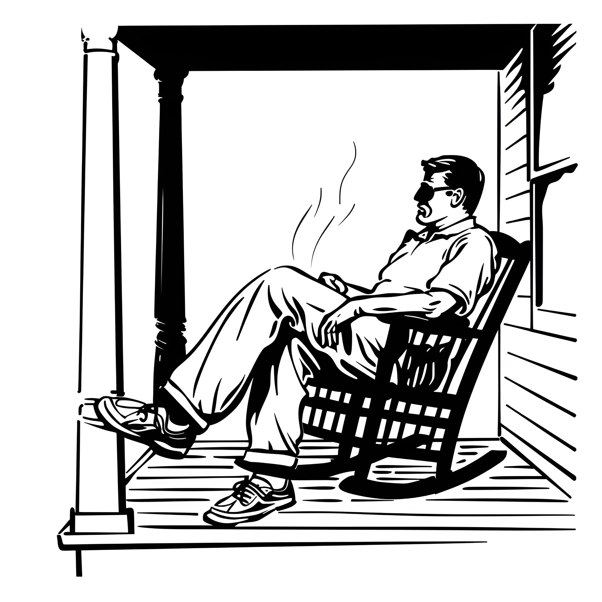 Father's Day man relaxing on porch Drawing Idea (free black-and-white line drawing printable PDF for all, from beginners to advanced learners, including children, teens, adults, and seniors)