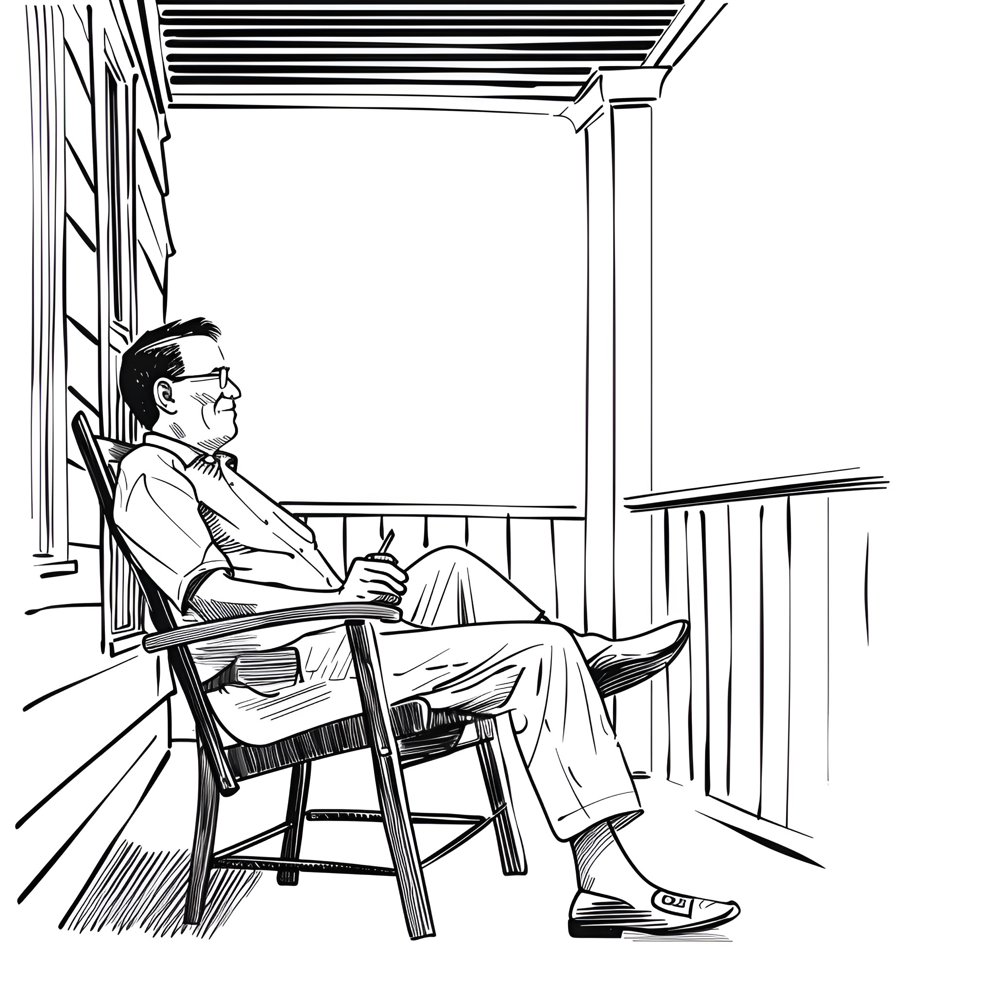 Father's Day man relaxing on porch Drawing Idea (free black-and-white line drawing printable PDF for all, from beginners to advanced learners, including children, teens, adults, and seniors)