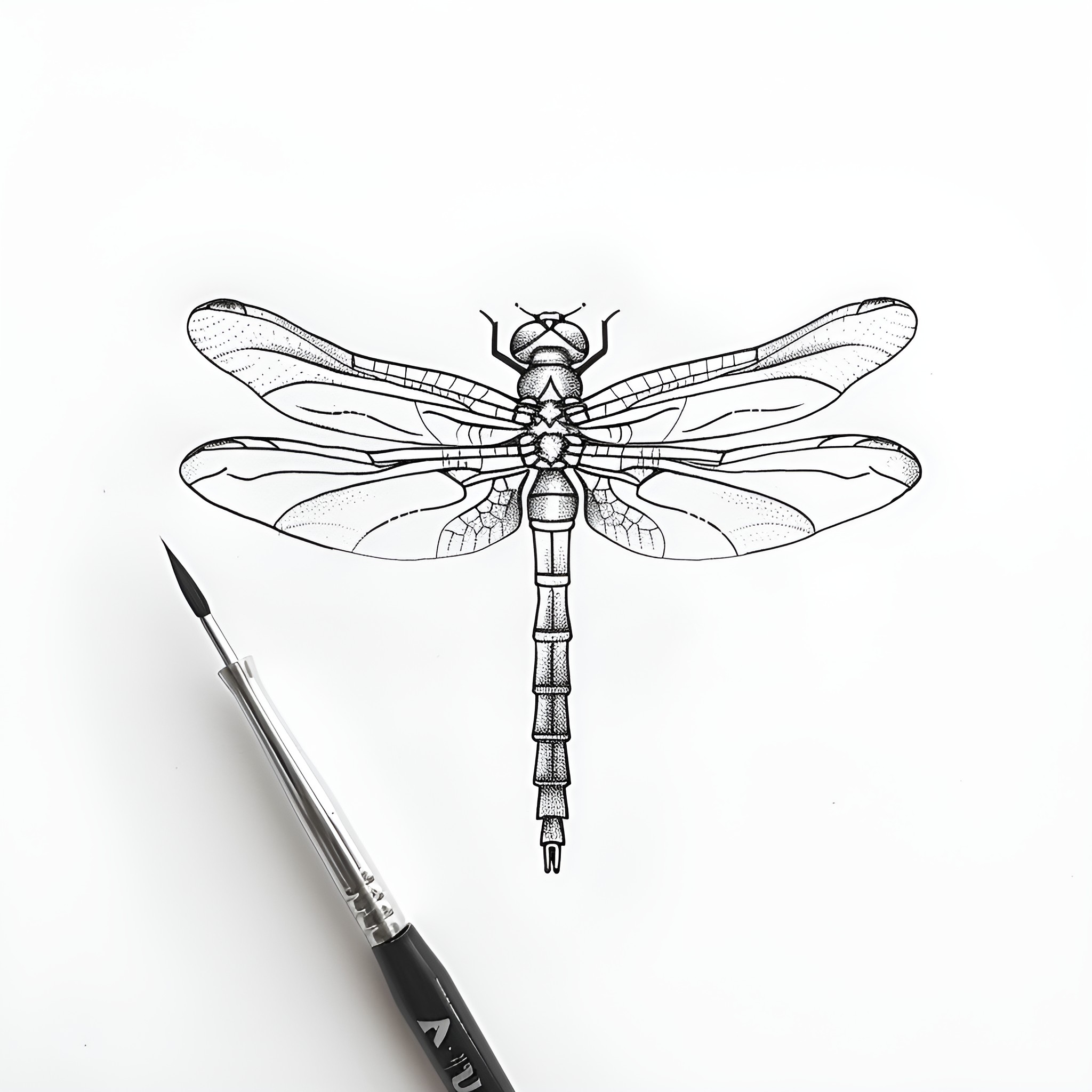 Tattoo Sketch of Detailed Dragonfly Drawing Idea (free black-and-white line drawing printable PDF for all, from beginners to advanced learners, including children, teens, adults, and seniors)