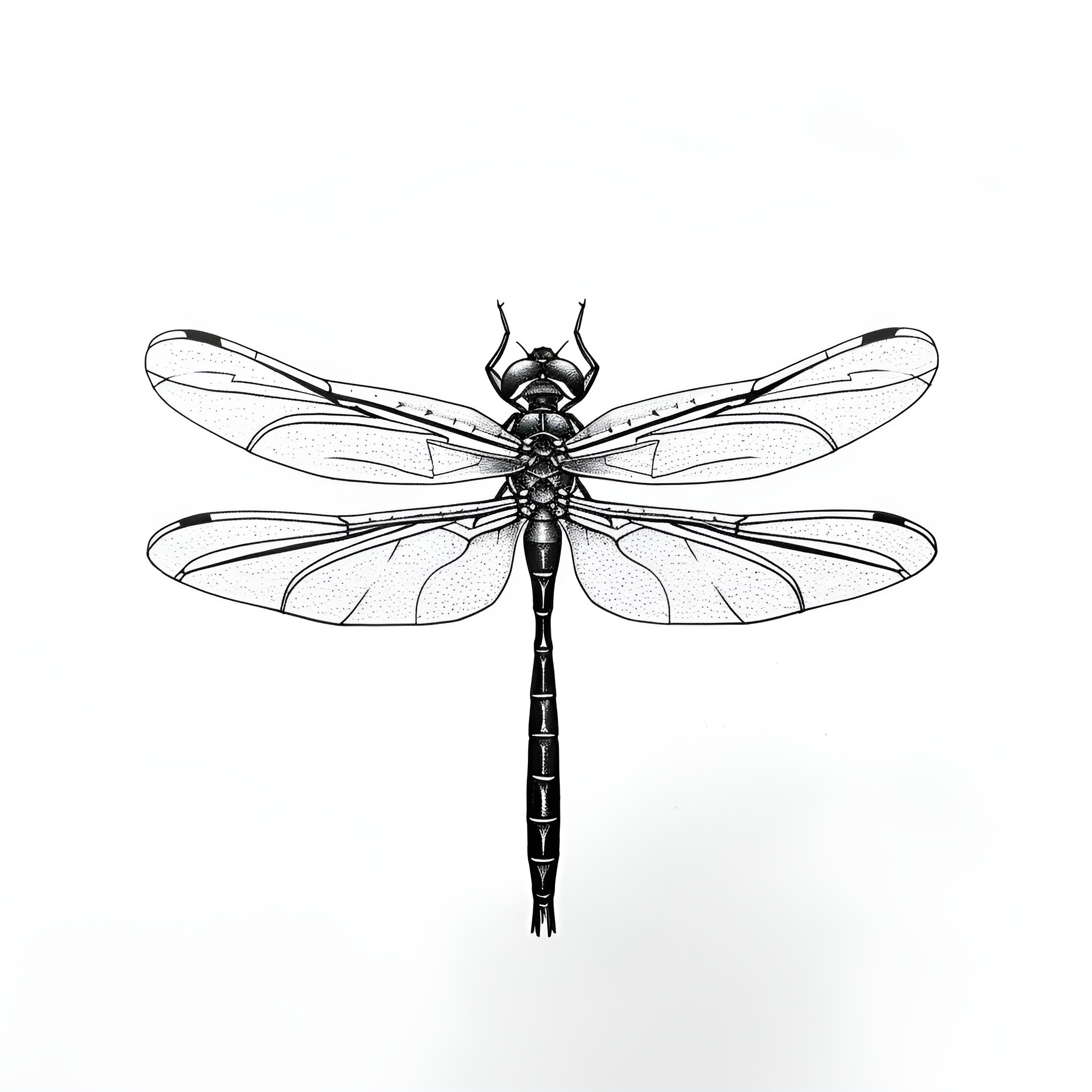 Tattoo Sketch of Detailed Dragonfly Drawing Idea (free black-and-white line drawing printable PDF for all, from beginners to advanced learners, including children, teens, adults, and seniors)