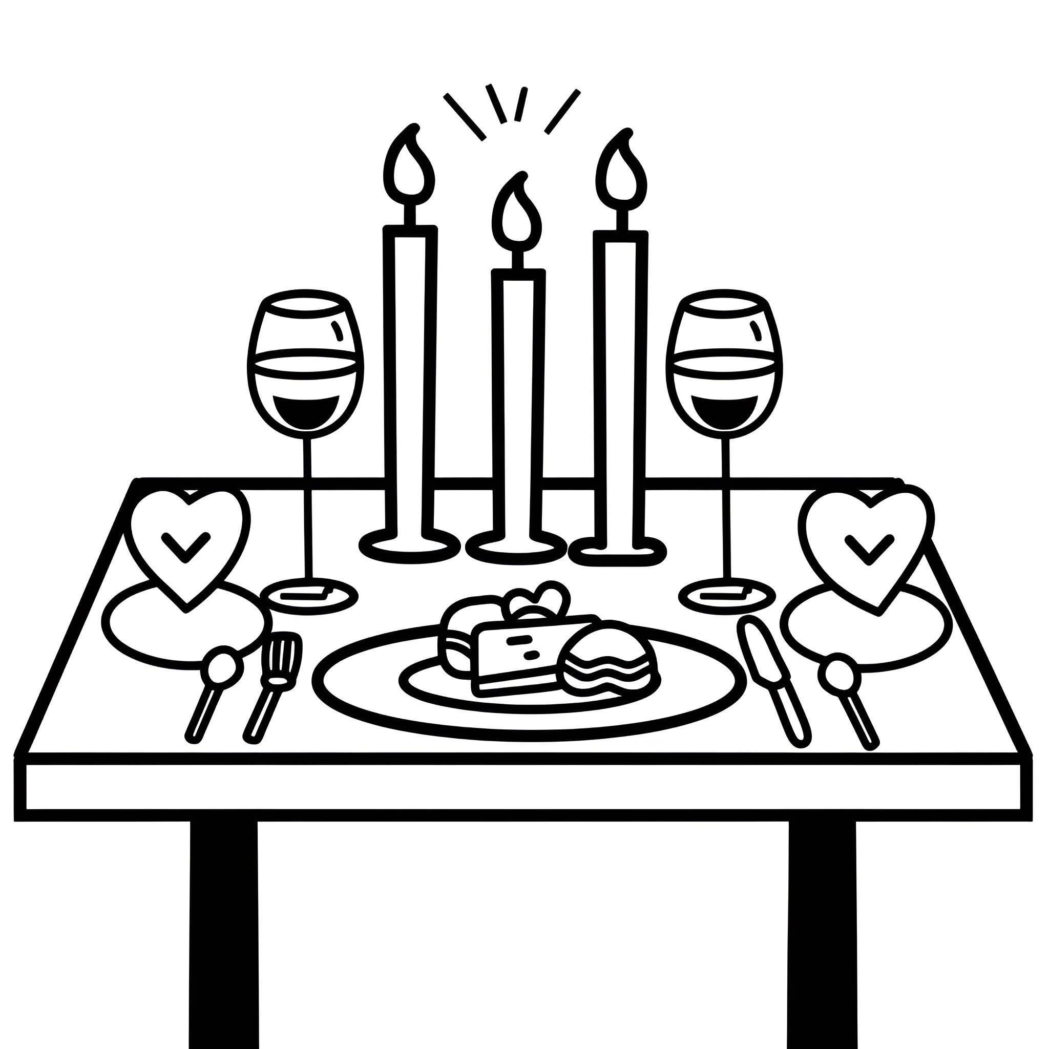 Valentine's Day romantic dinner setting Drawing Idea (free black-and-white line drawing printable PDF for all, from beginners to advanced learners, including children, teens, adults, and seniors)