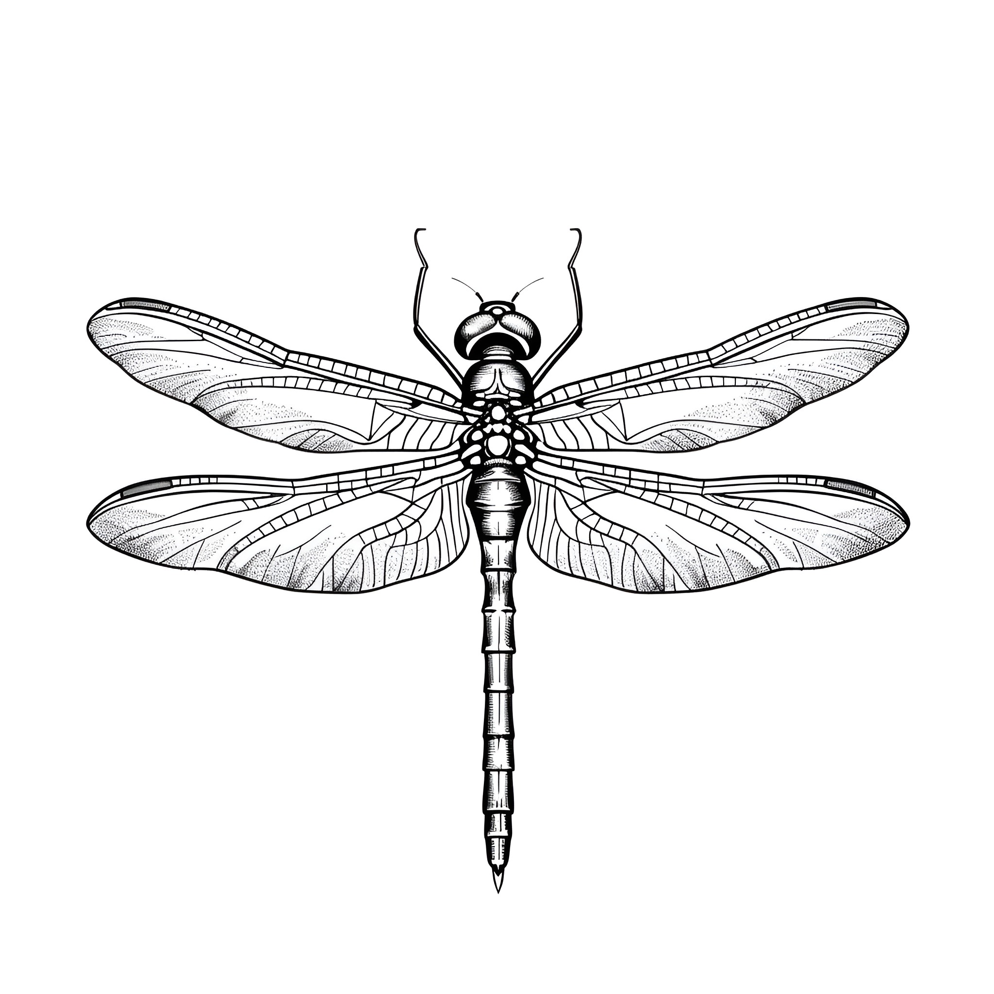 Tattoo Sketch of Intricate Dragonfly Drawing Idea (free black-and-white line drawing printable PDF for all, from beginners to advanced learners, including children, teens, adults, and seniors)