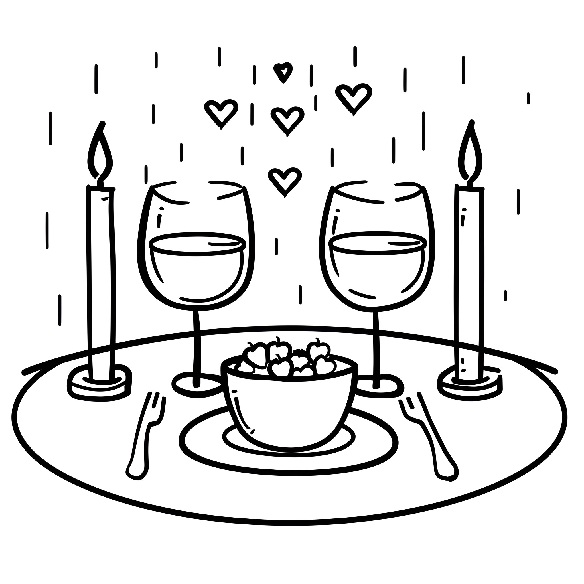 Valentine's Day romantic candlelit dinner scene Drawing Idea (free black-and-white line drawing printable PDF for all, from beginners to advanced learners, including children, teens, adults, and seniors)