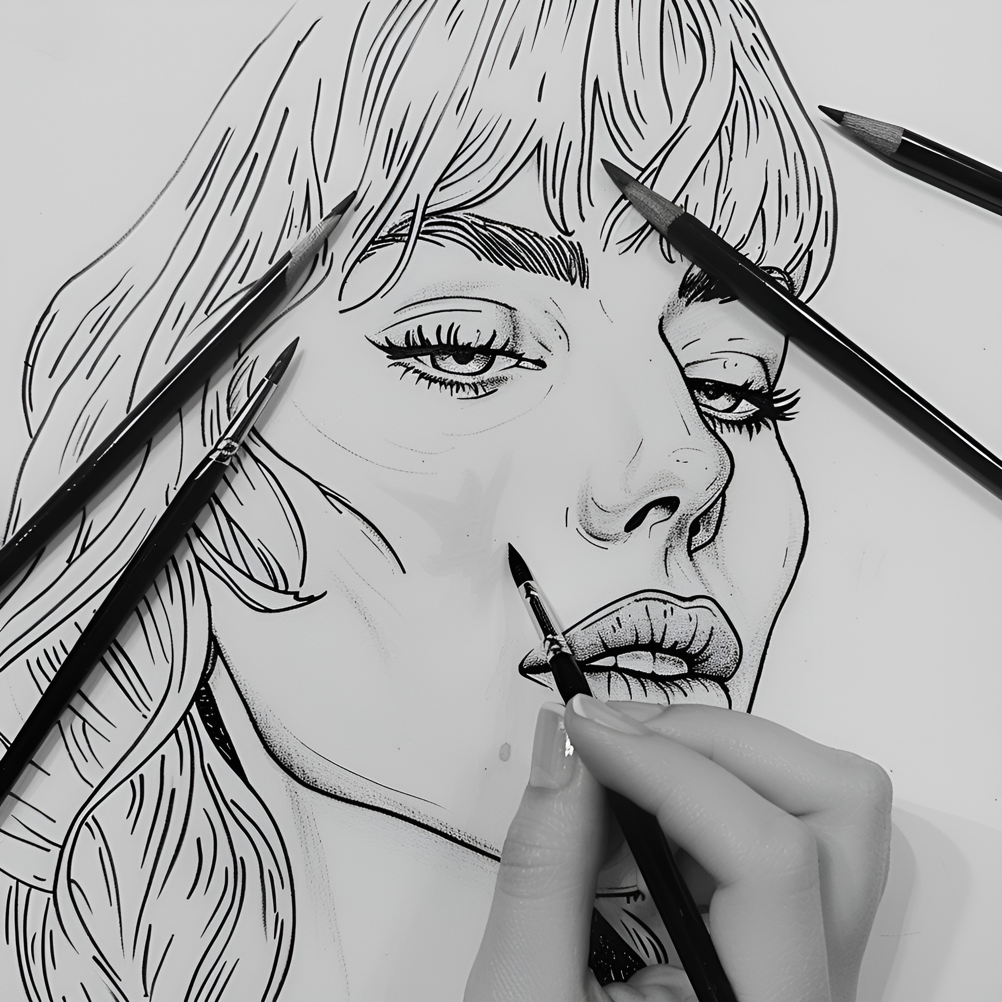 Taylor Swift contemplative portrait sketch Drawing Idea (free black-and-white line drawing printable PDF for all, from beginners to advanced learners, including children, teens, adults, and seniors)