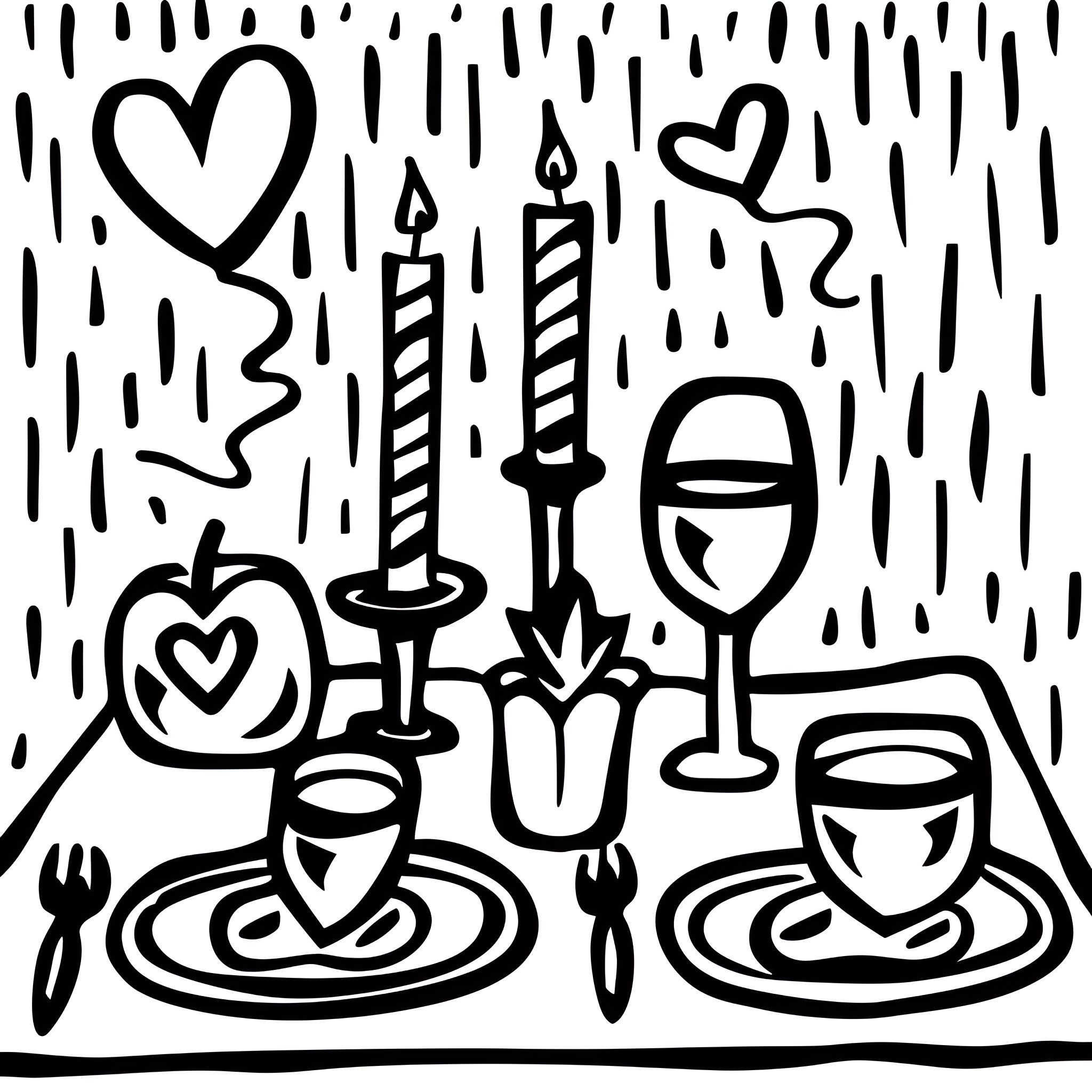 Valentine's Day romantic dining scene Drawing Idea (free black-and-white line drawing printable PDF for all, from beginners to advanced learners, including children, teens, adults, and seniors)