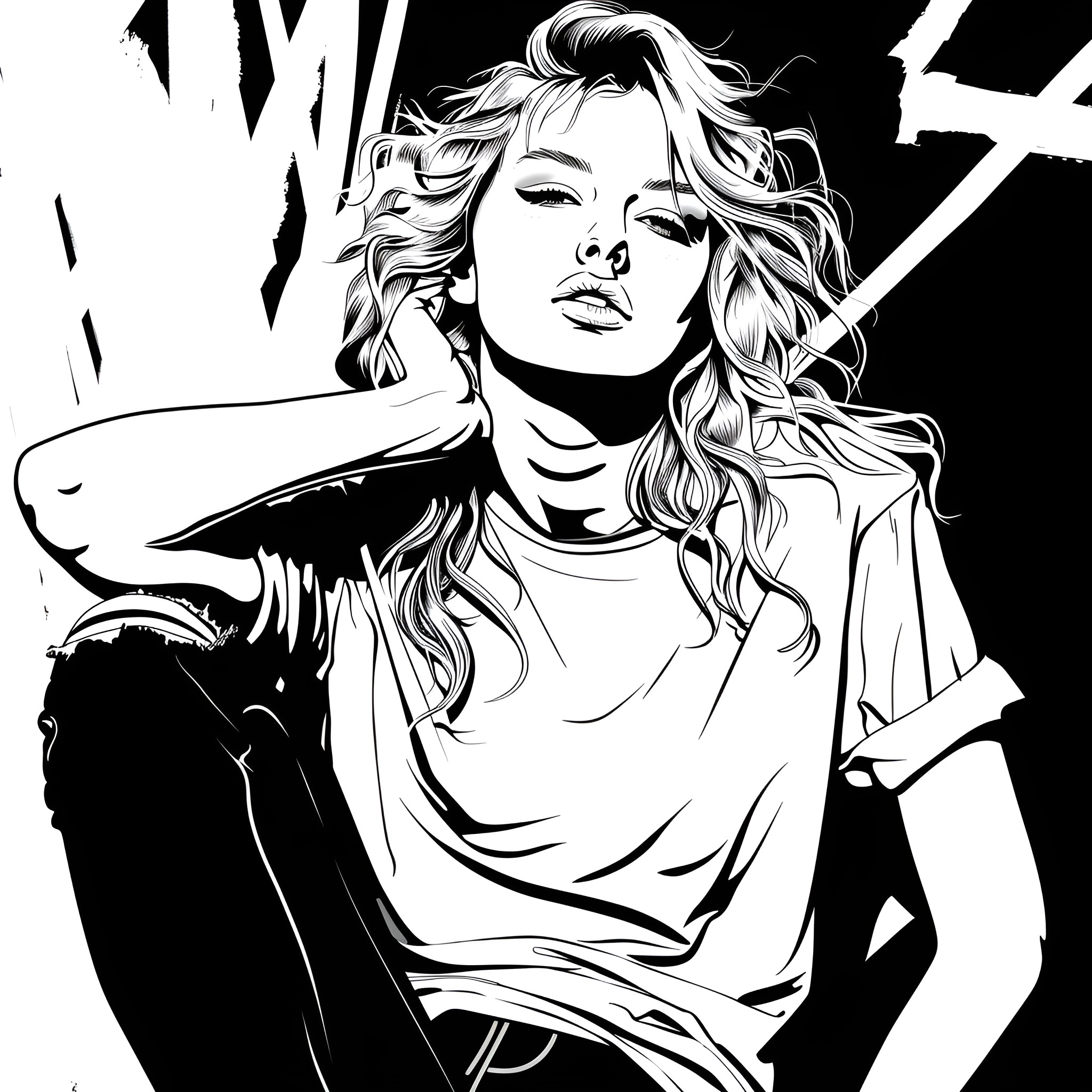 Taylor Swift's dramatic black and white portrait Drawing Idea (free black-and-white line drawing printable PDF for all, from beginners to advanced learners, including children, teens, adults, and seniors)