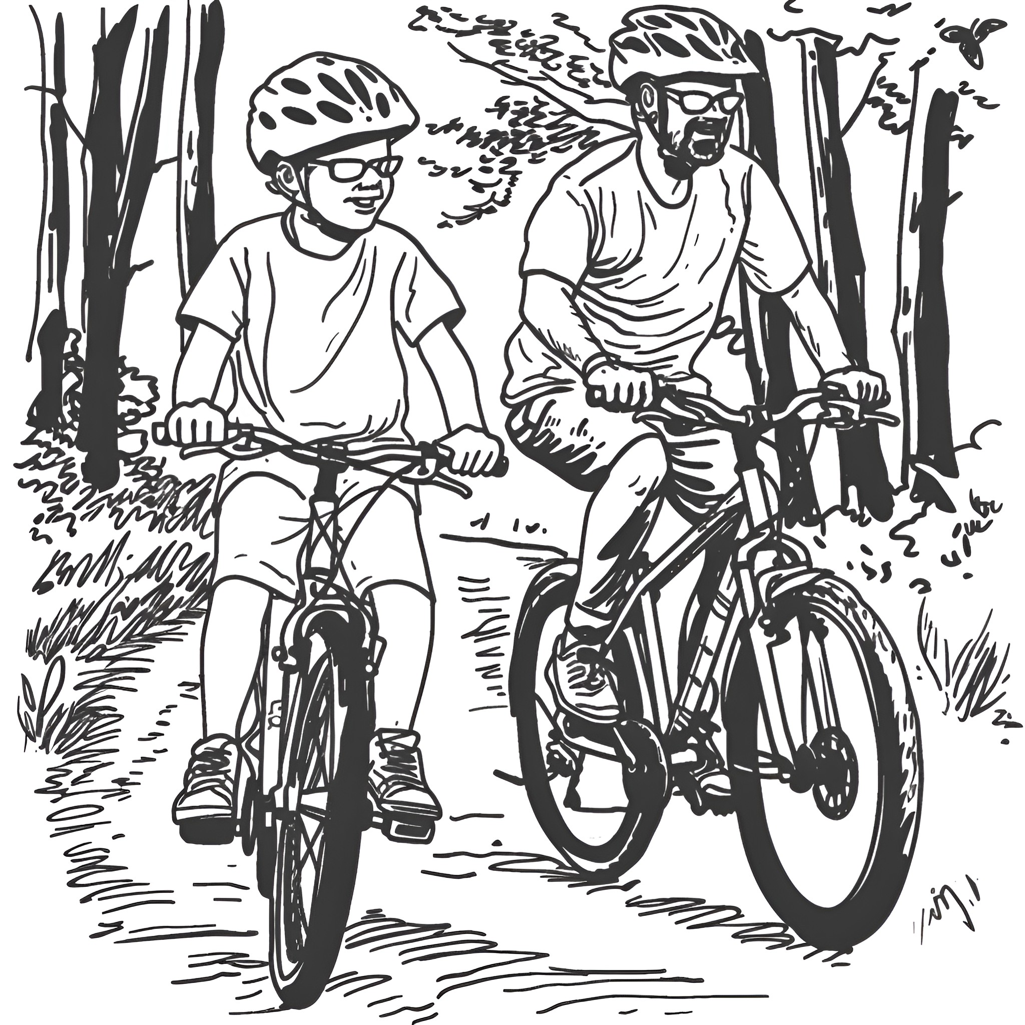 Father's Day cycling adventure in the woods Drawing Idea (free black-and-white line drawing printable PDF for all, from beginners to advanced learners, including children, teens, adults, and seniors)