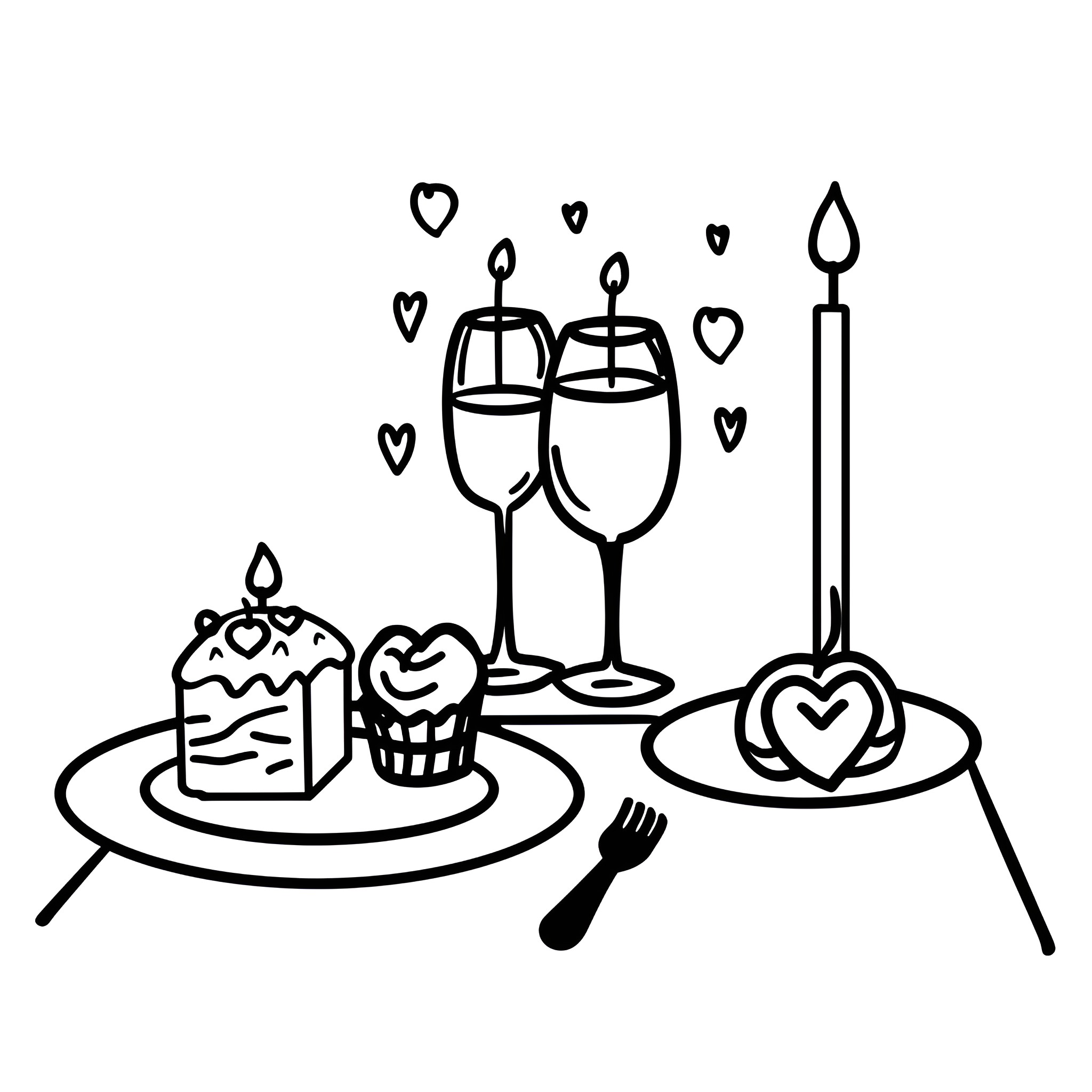 Valentine's Day romantic dining scene Drawing Idea (free black-and-white line drawing printable PDF for all, from beginners to advanced learners, including children, teens, adults, and seniors)