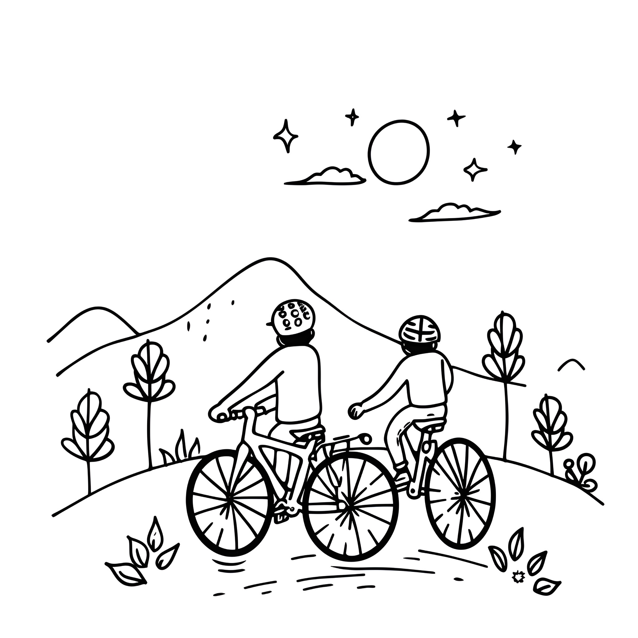 Father's Day cycling adventure in nature Drawing Idea (free black-and-white line drawing printable PDF for all, from beginners to advanced learners, including children, teens, adults, and seniors)