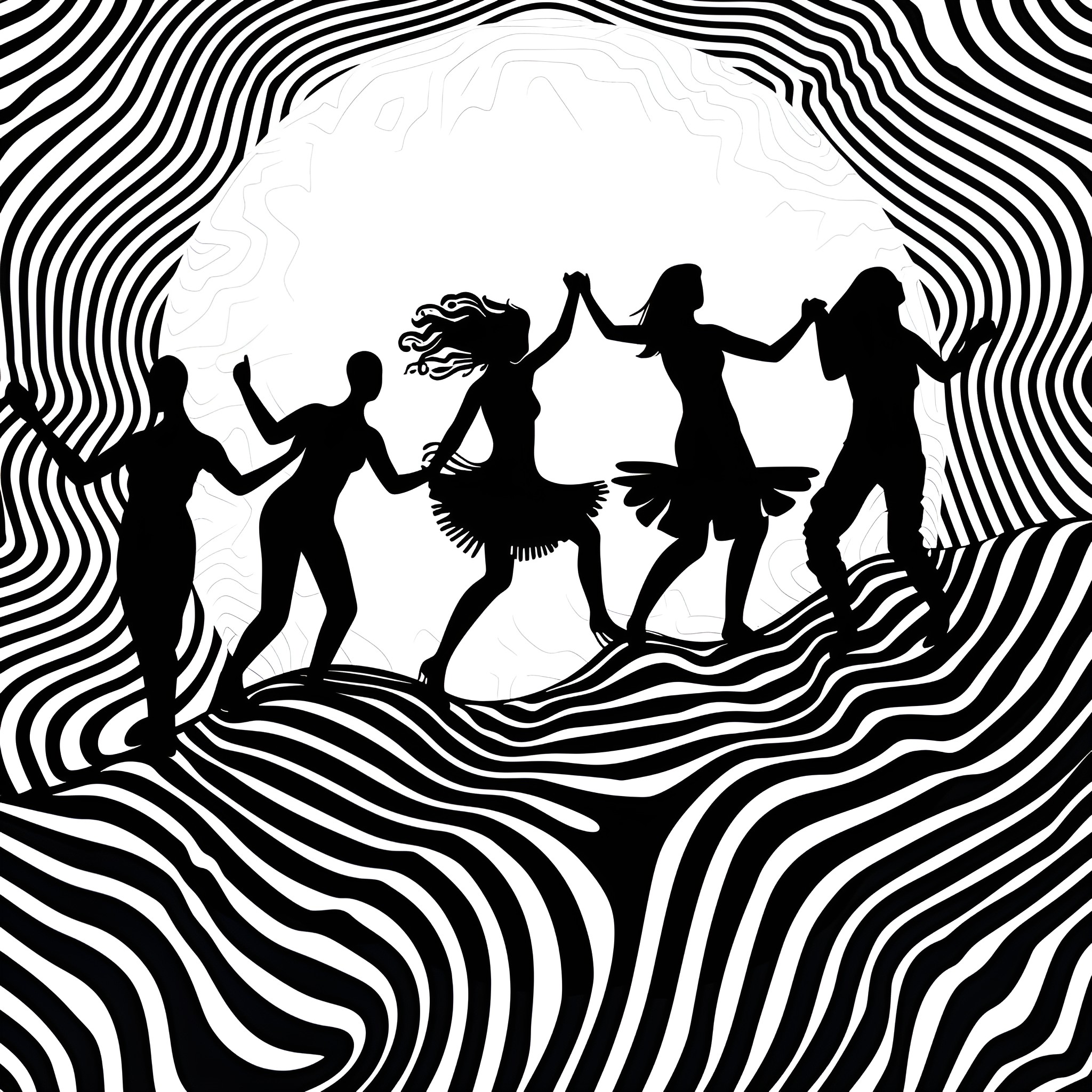 Trippy silhouetted figures dancing Drawing Idea (free black-and-white line drawing printable PDF for all, from beginners to advanced learners, including children, teens, adults, and seniors)