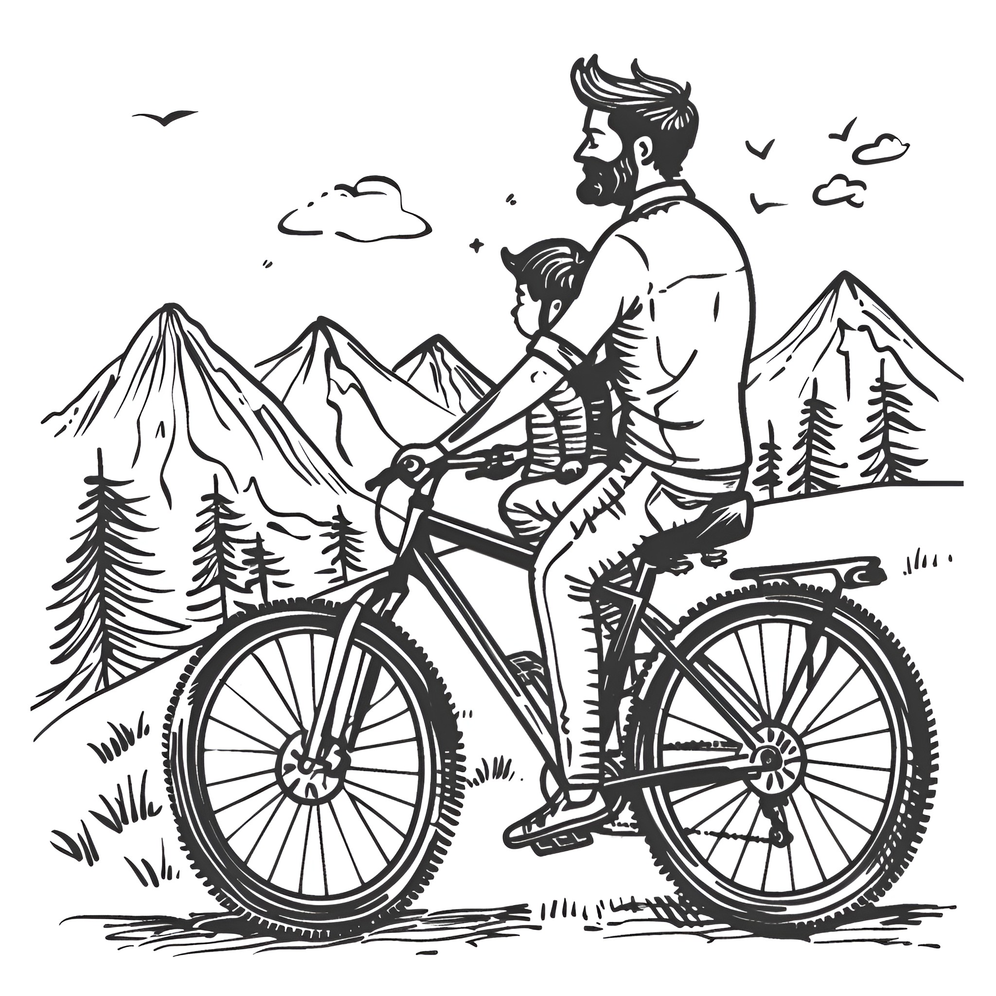 Father's Day bike ride in the mountains Drawing Idea (free black-and-white line drawing printable PDF for all, from beginners to advanced learners, including children, teens, adults, and seniors)